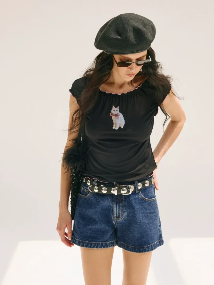 082 Cotton Flared Denim Shorts - Image 4