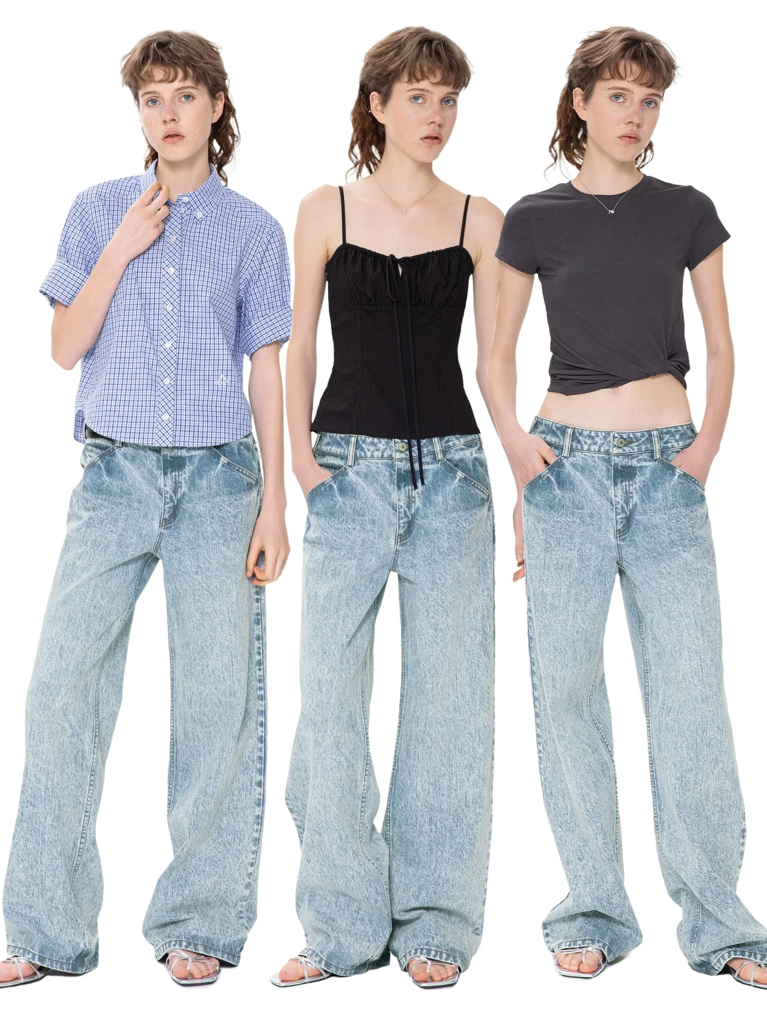 Acid-Wash Low-Rise Straight Jeans
