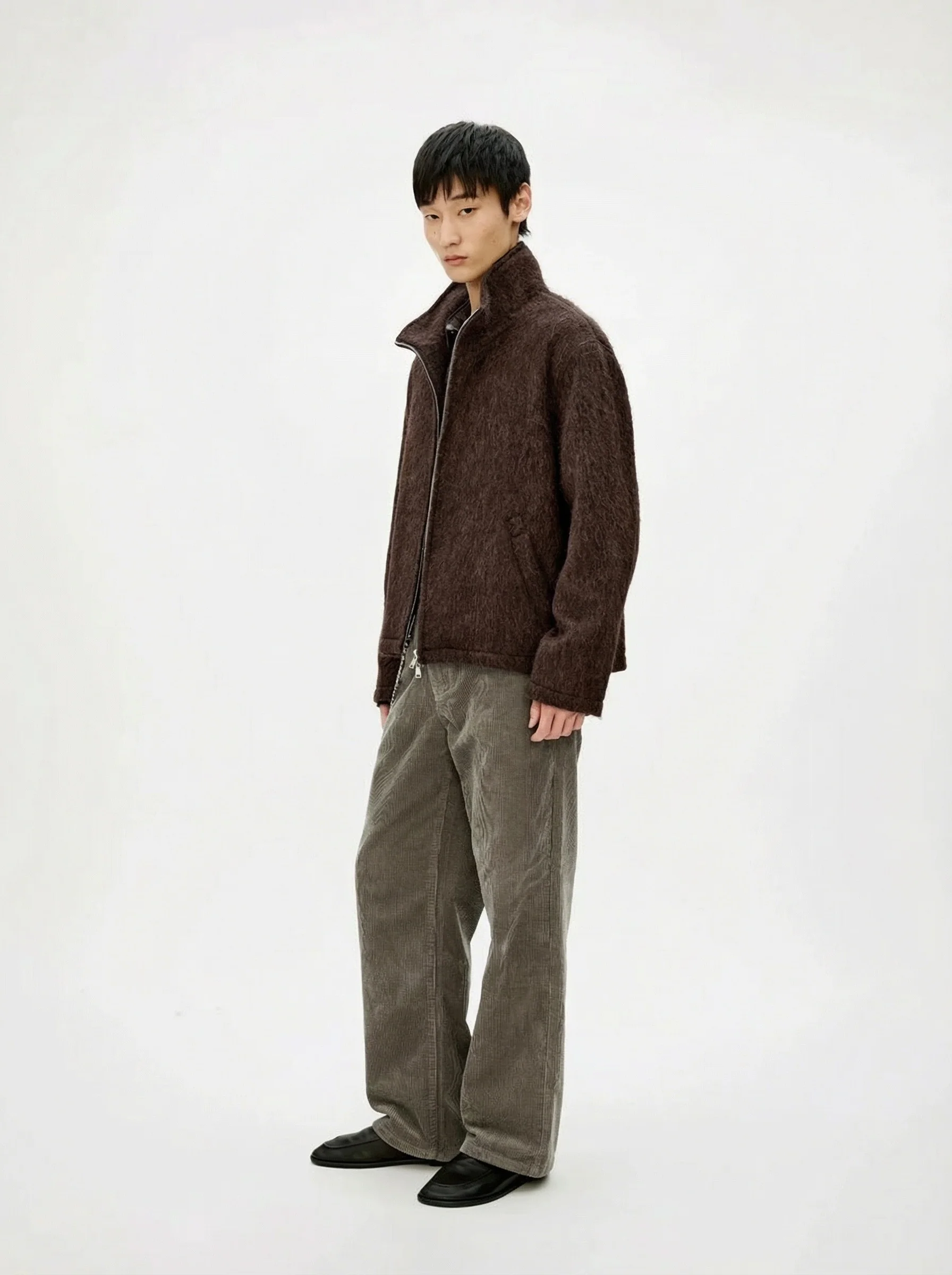 Alpaca Blend Long-Pile Stand Collar Zip Jacket