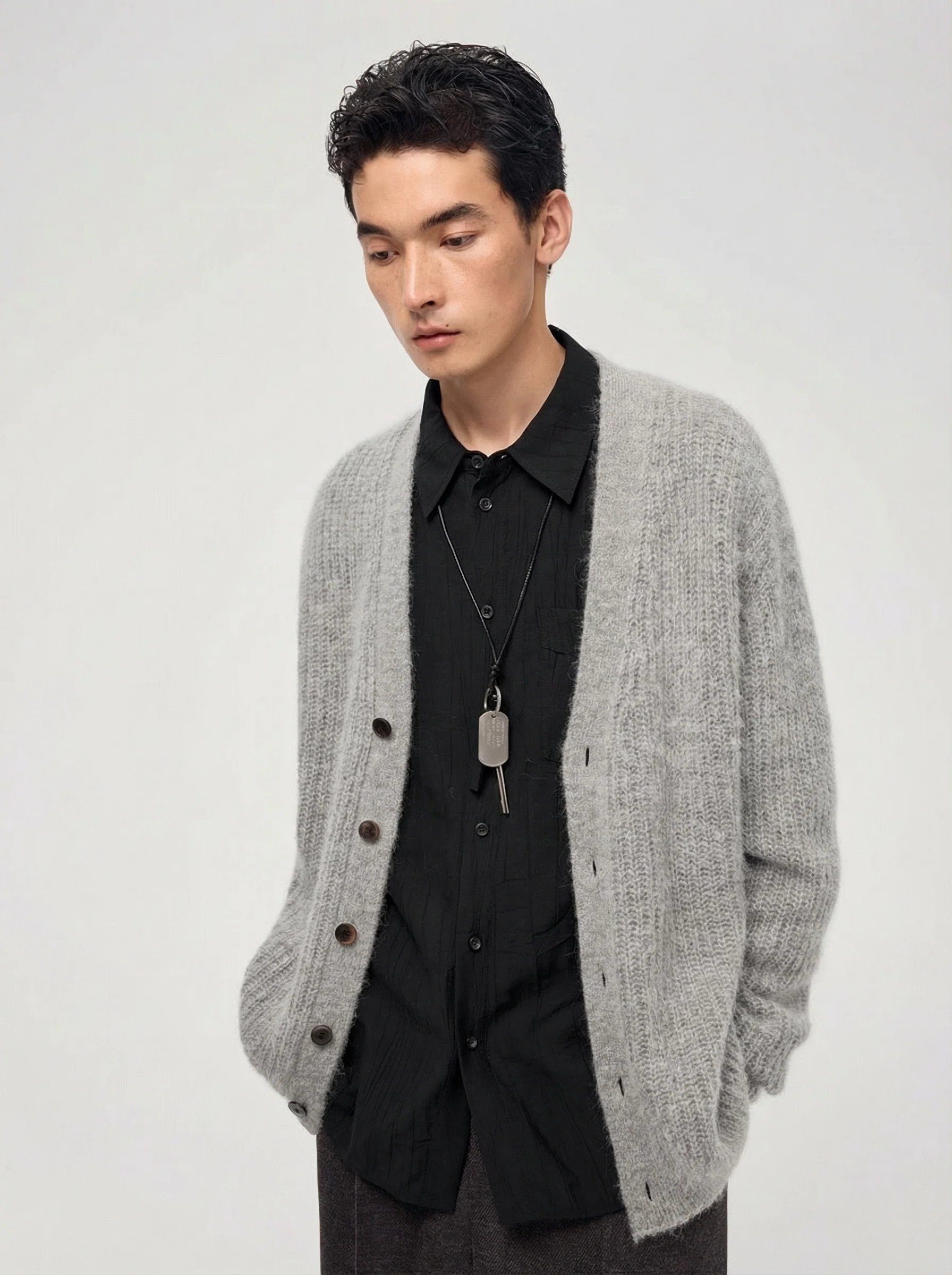 Alpaca Blend Rib-Knit V-neck Cardigan
