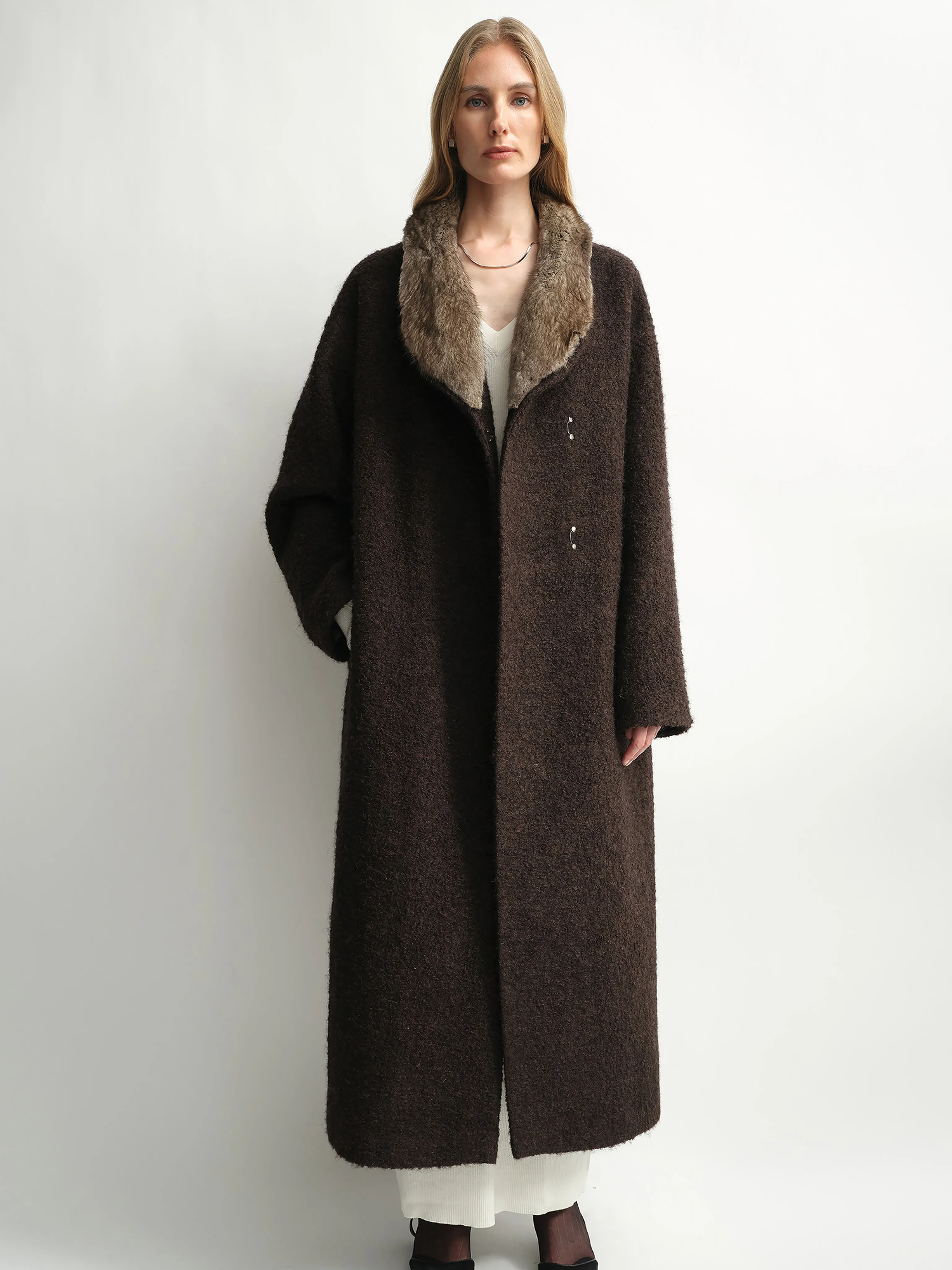 Alpaca-Merino Bouclé Coat with Detachable Fur Collar - Image 2