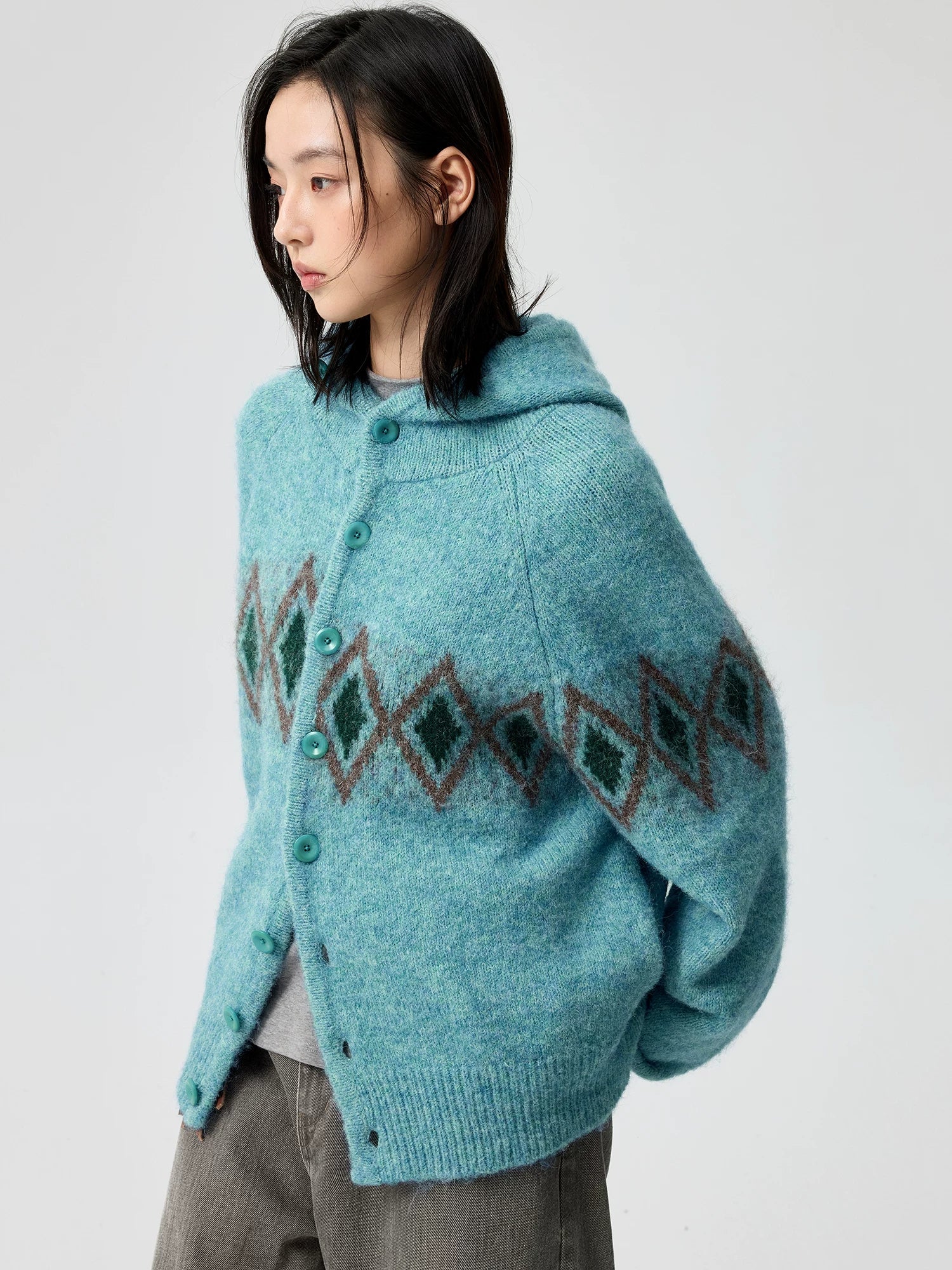 Argyle Jacquard Hooded Cardigan - Image 3