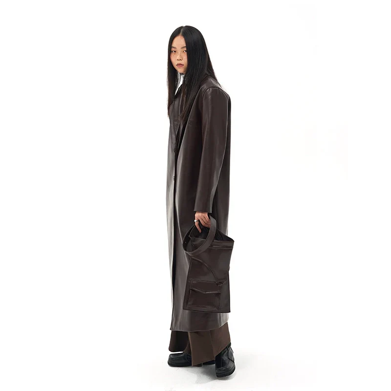 Asymmetric Collar Brown Leather Coat