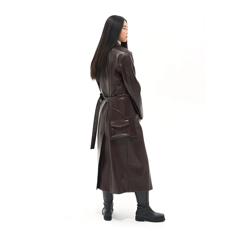 Asymmetric Collar Brown Leather Coat - Image 2