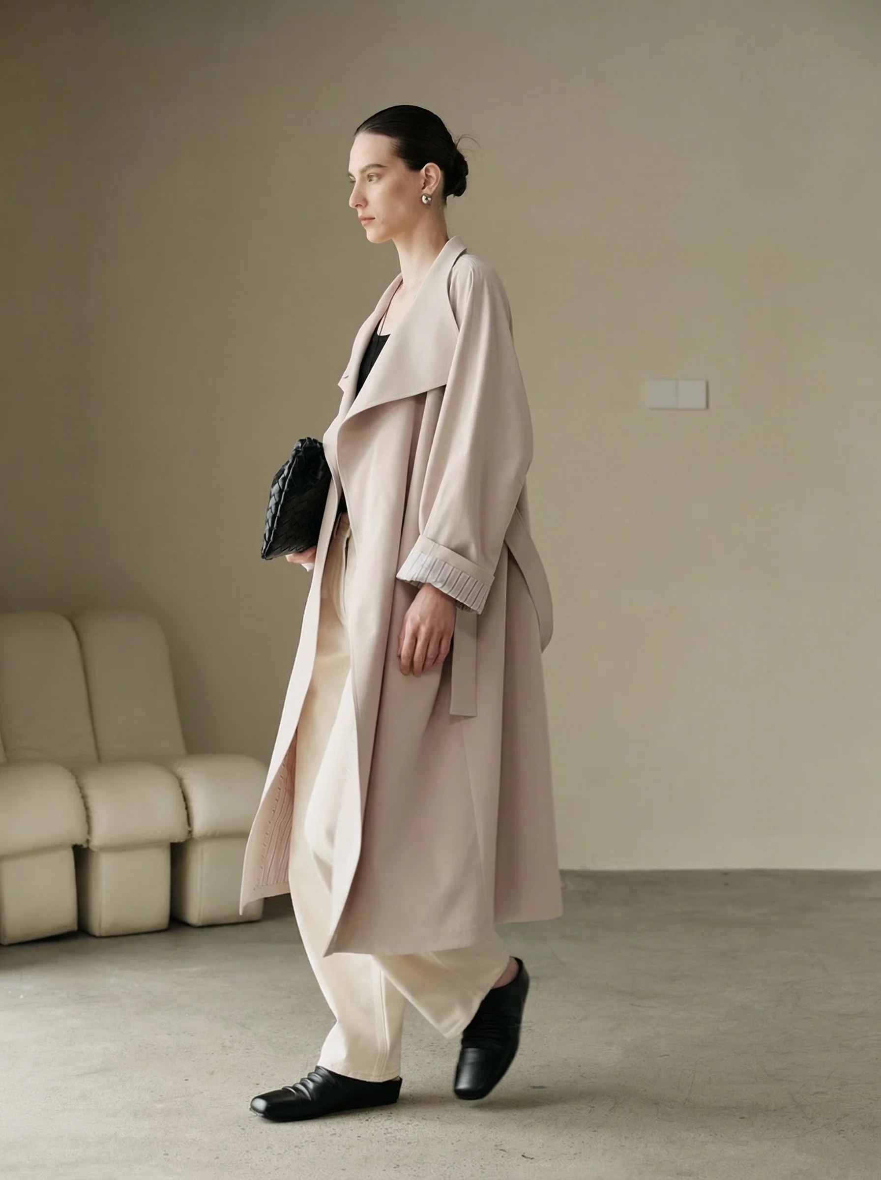 Asymmetric Collar Stretch Twill Trench Coat - Image 2