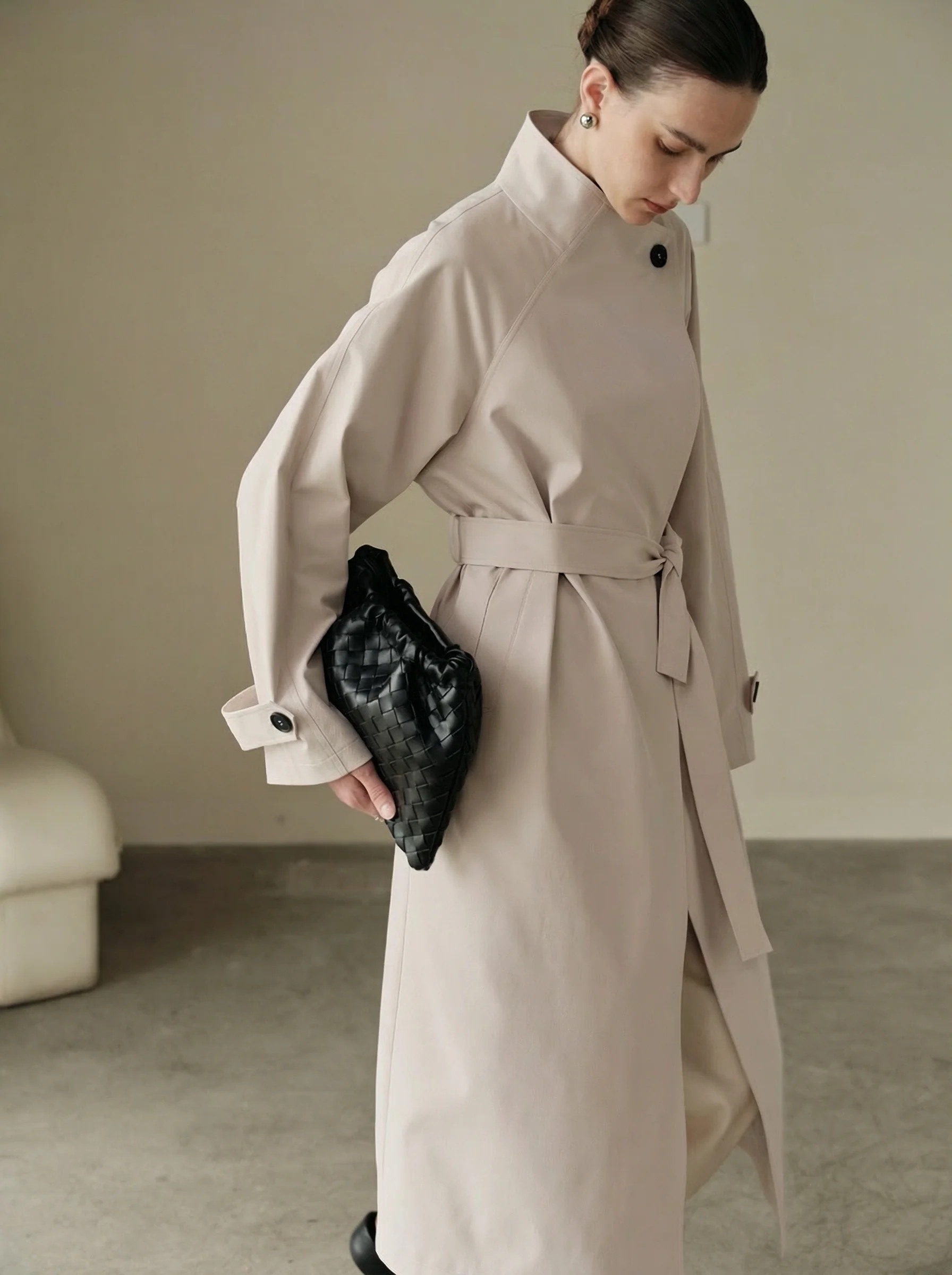 Asymmetric Collar Stretch Twill Trench Coat - Image 4