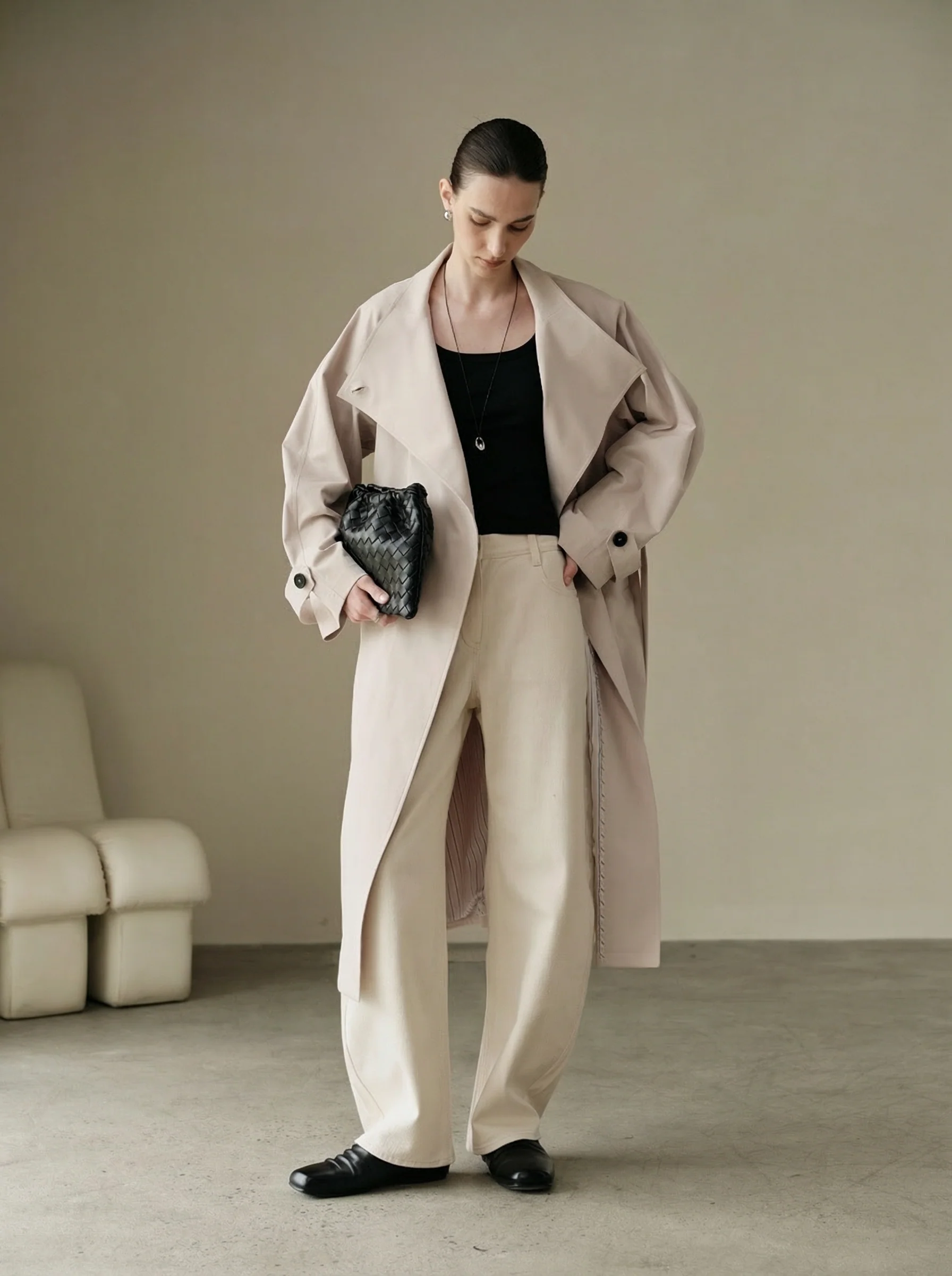 Asymmetric Collar Stretch Twill Trench Coat - Image 6