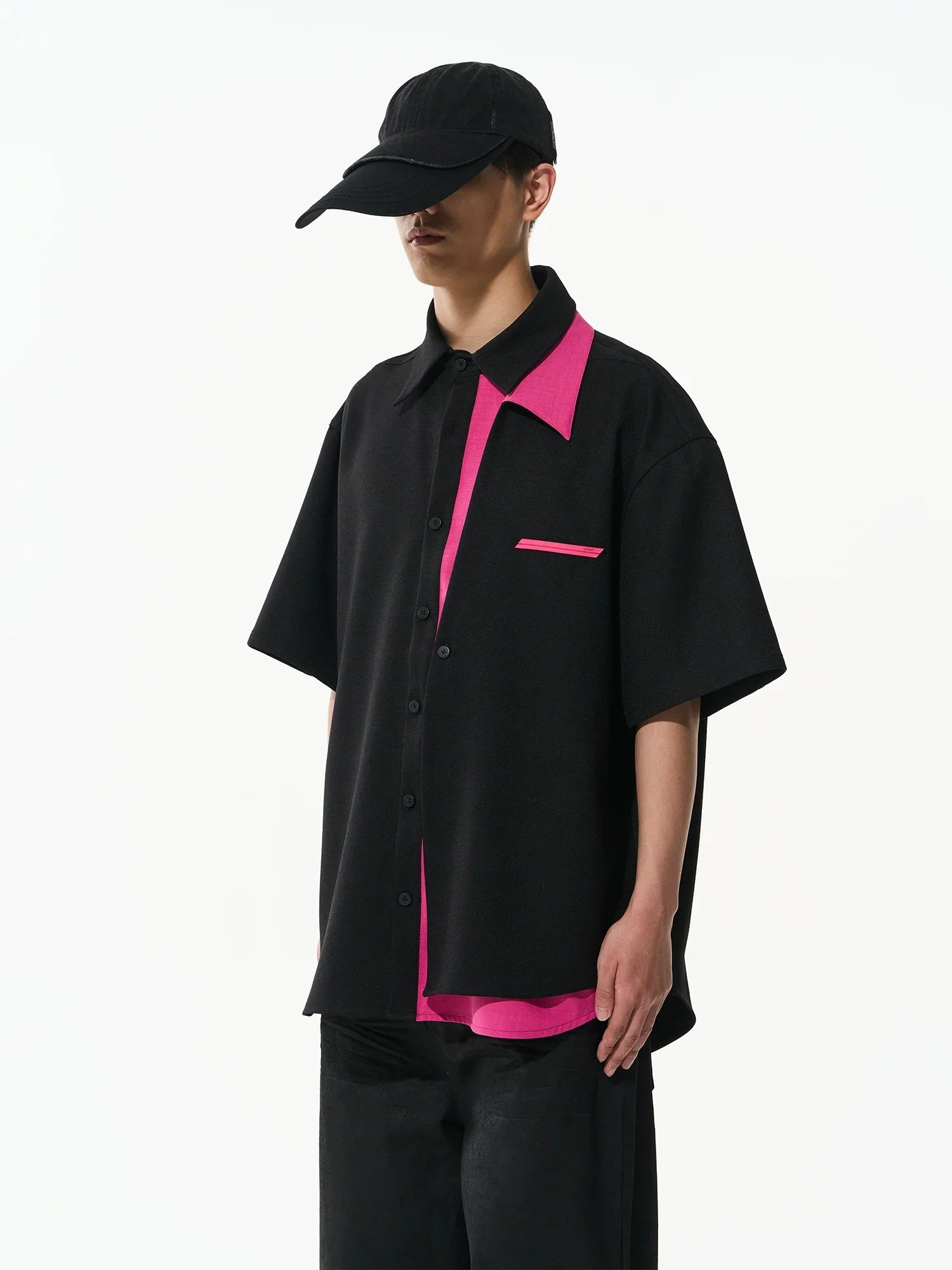 Asymmetric Contrast Short-Sleeve Shirt
