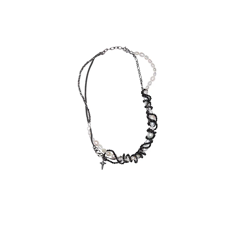 Asymmetric Pearl Cross Necklace - Image 4