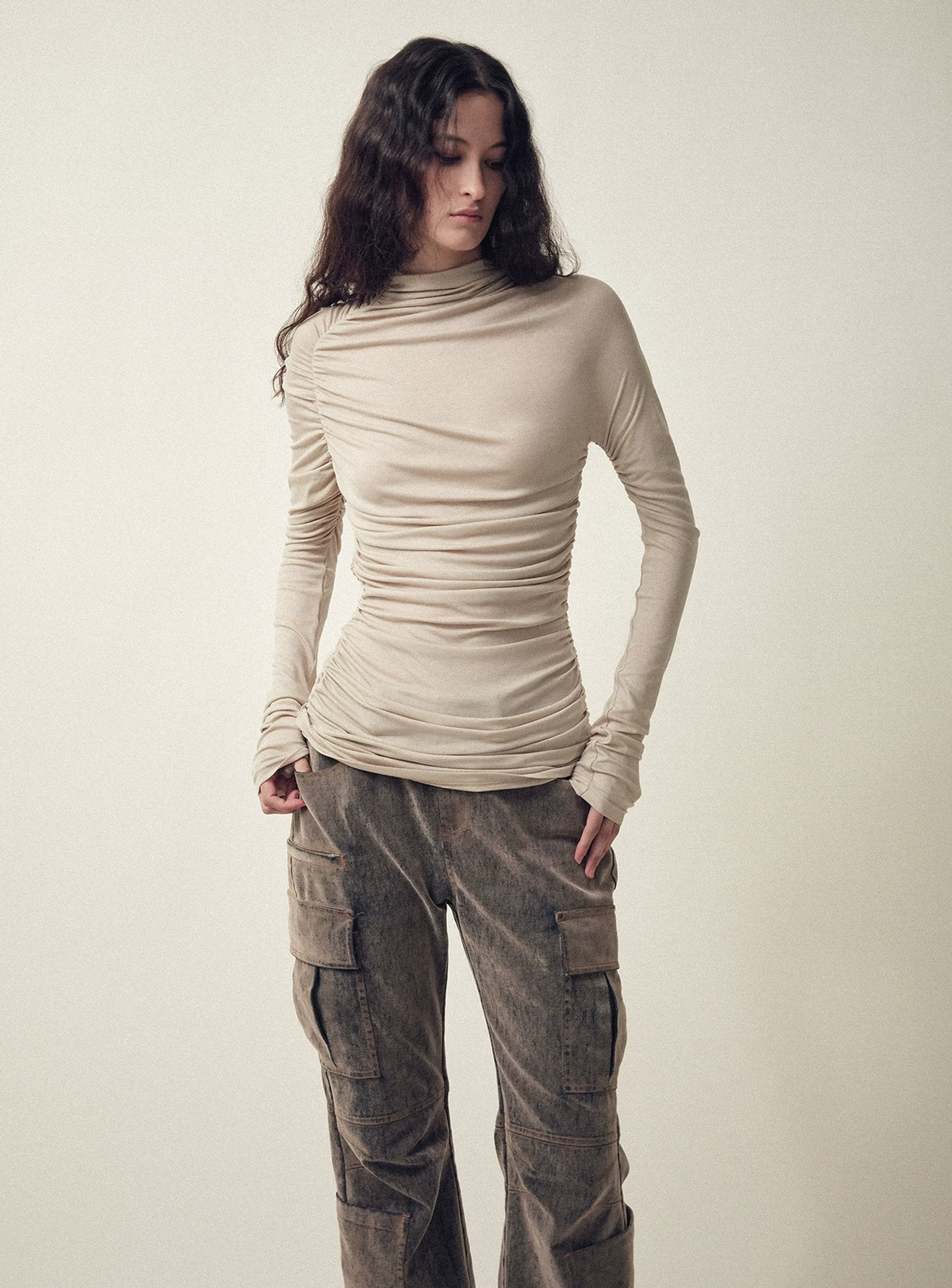 Asymmetric Ruched Mock-Neck Top - Image 3