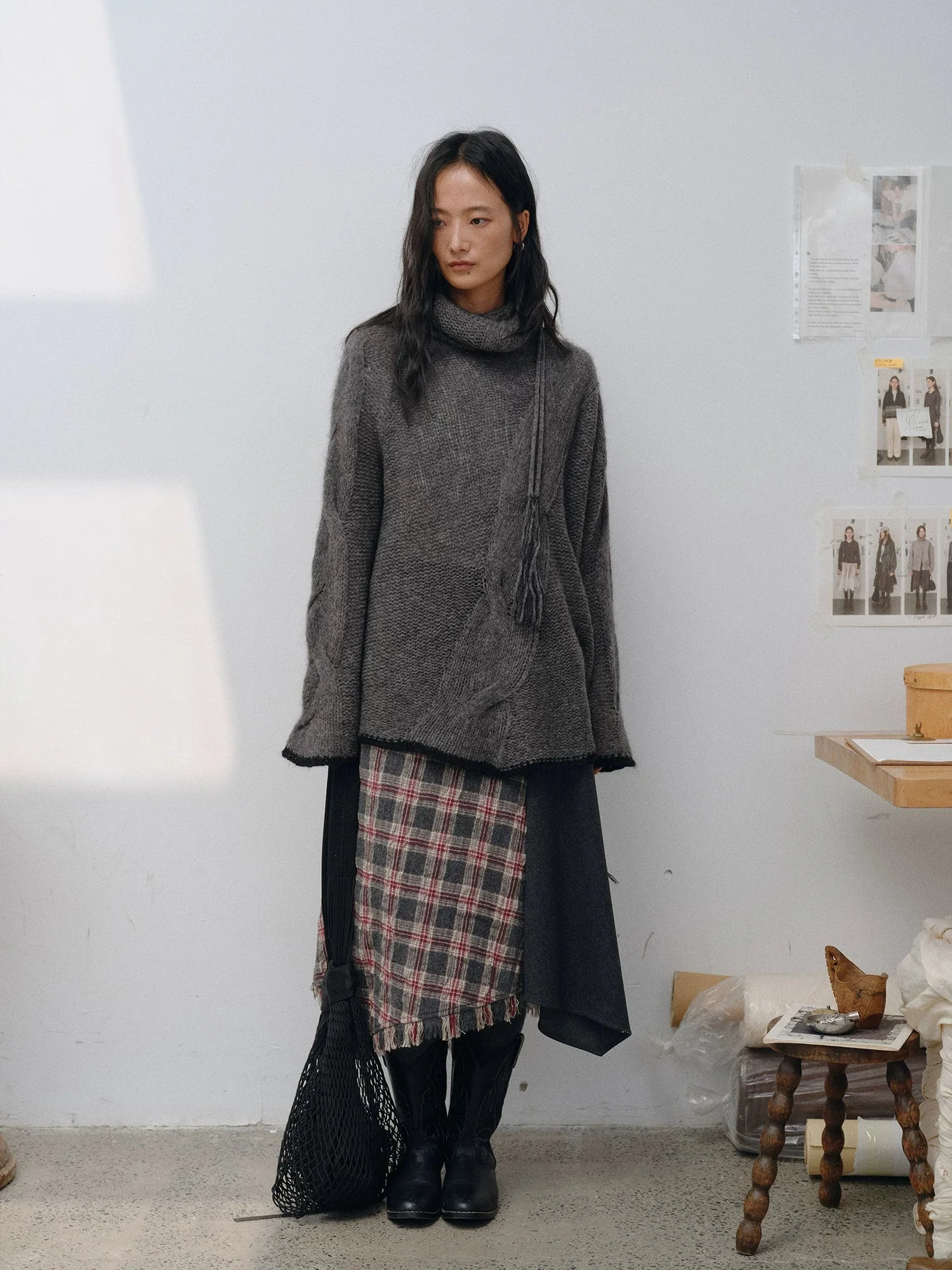 Asymmetric Tartan Panel Midi Skirt - Image 3