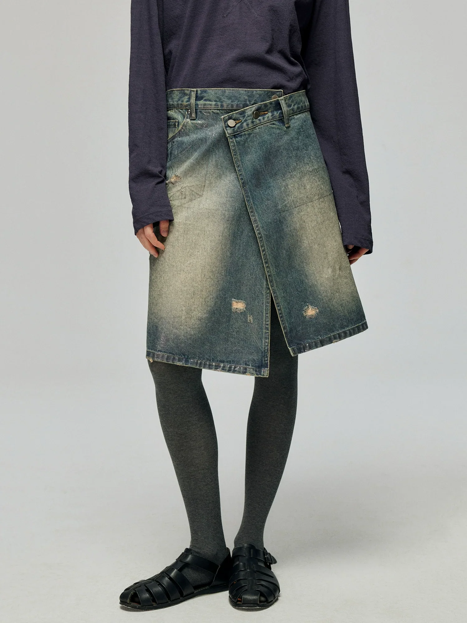 Asymmetric Wrap Denim Skirt - Image 3