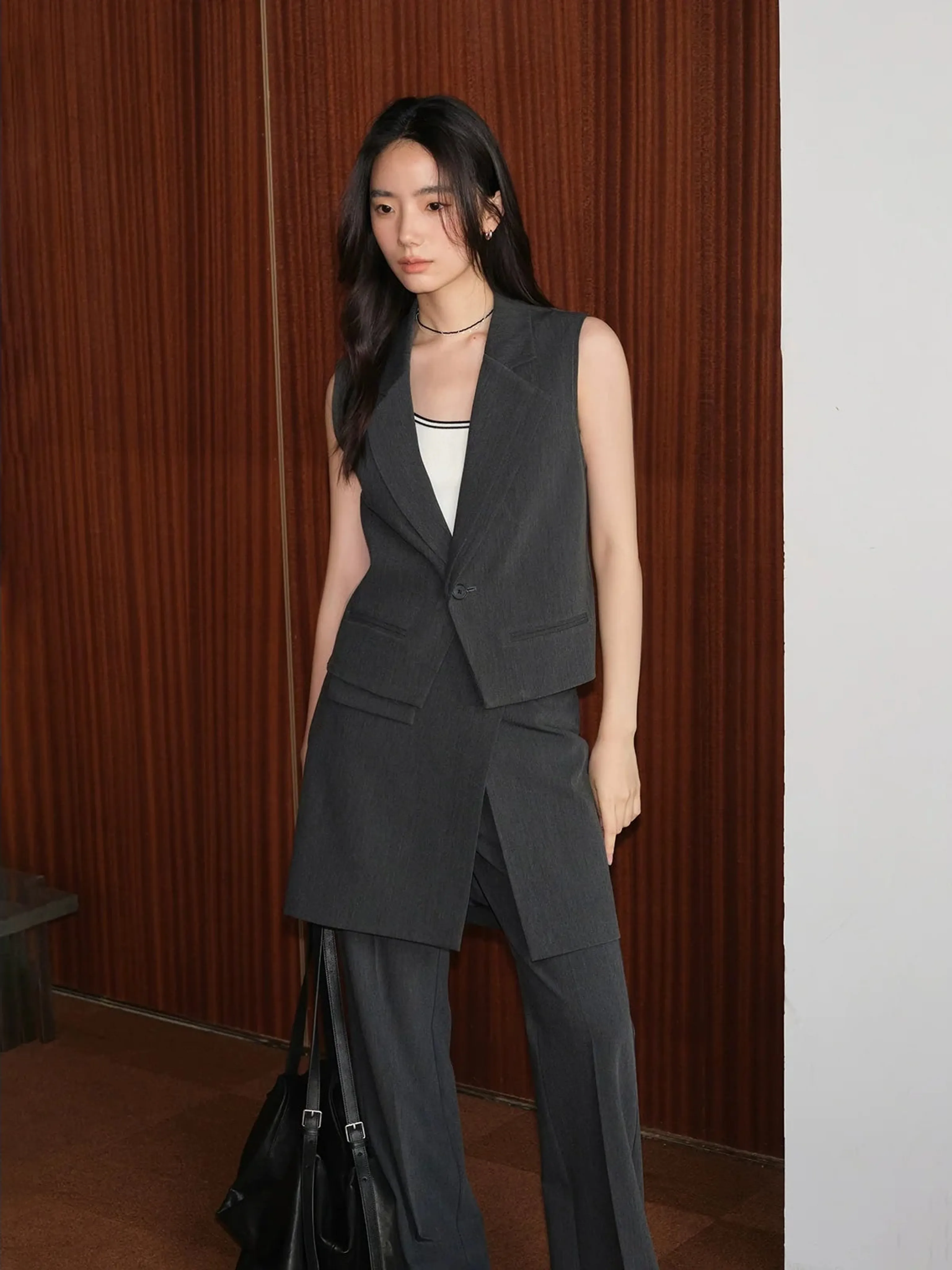 Asymmetrical Double-Lapel Suit Vest with Flared Skirt Pants - Image 7