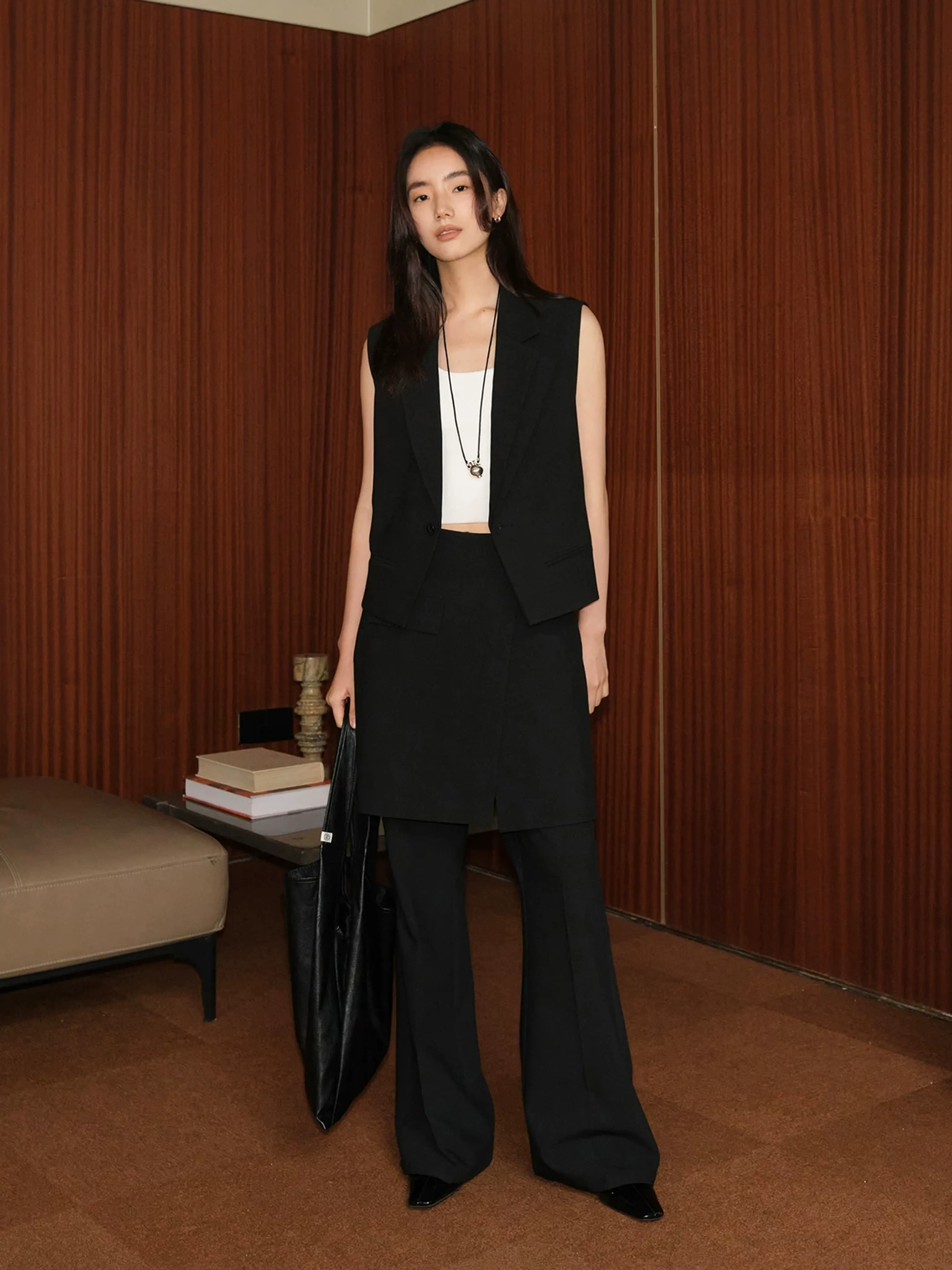 Asymmetrical Double-Lapel Suit Vest with Flared Skirt Pants - Image 8