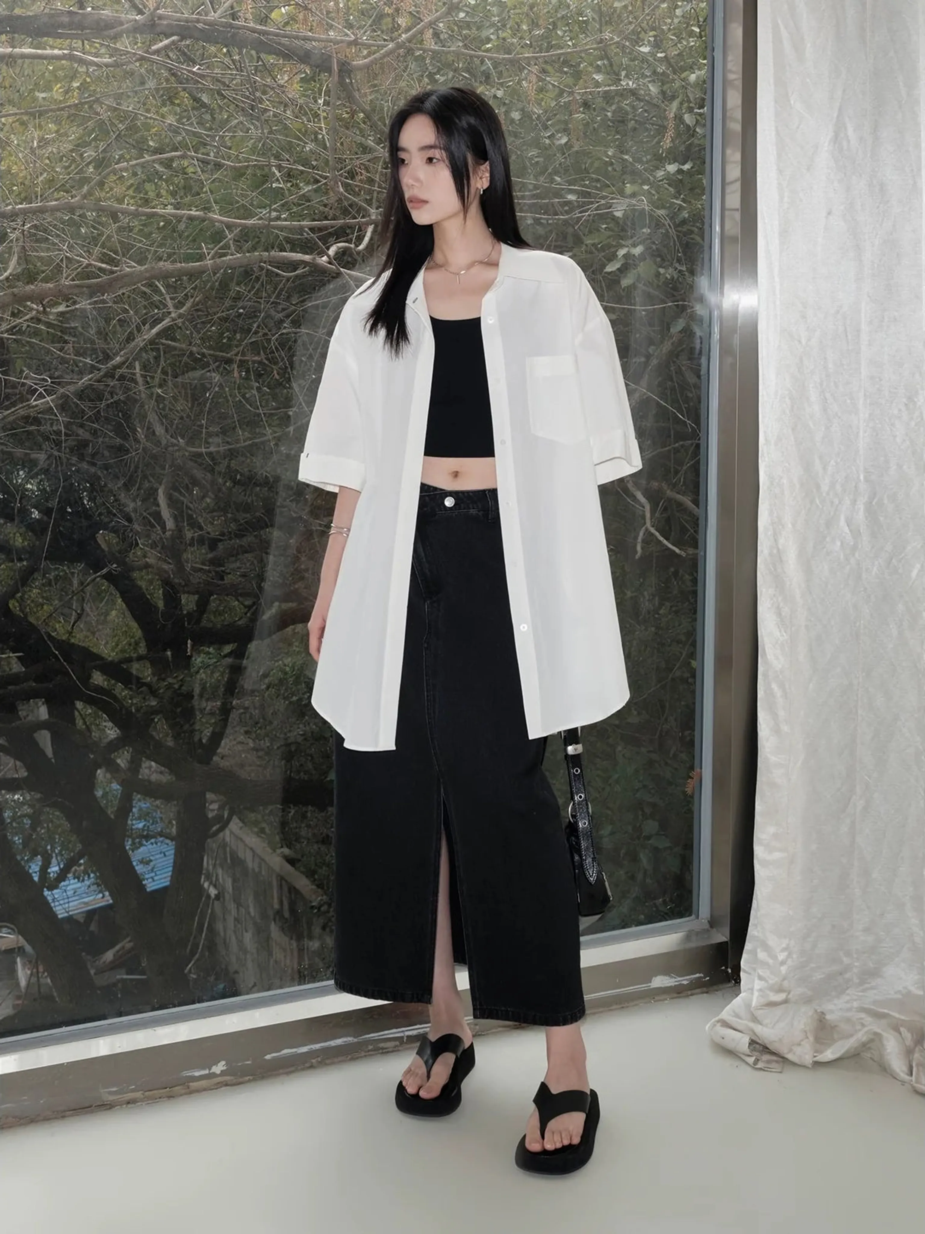 Asymmetrical Front Slit Denim Skirt - Image 3