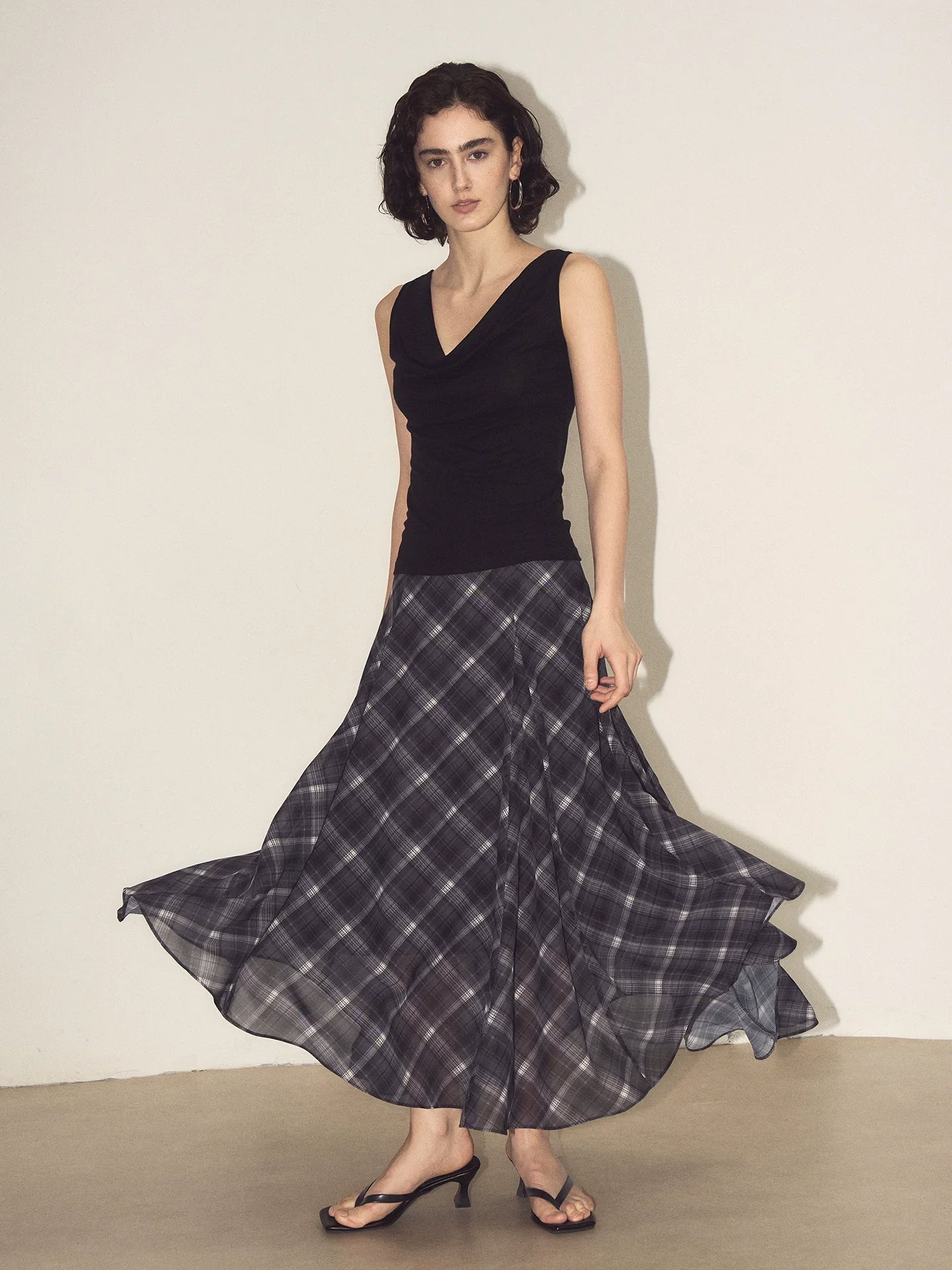 Asymmetrical Plaid Chiffon Skirt - Image 2
