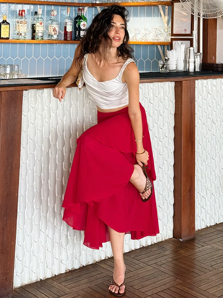 Asymmetrical Red Chiffon Skirt - Image 3