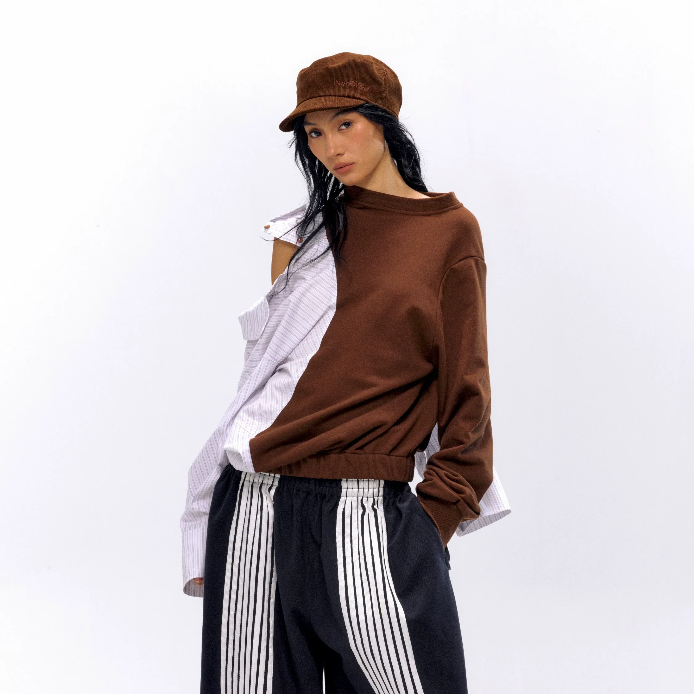 Asymmetrical Striped Shirt with Sweater Overlay