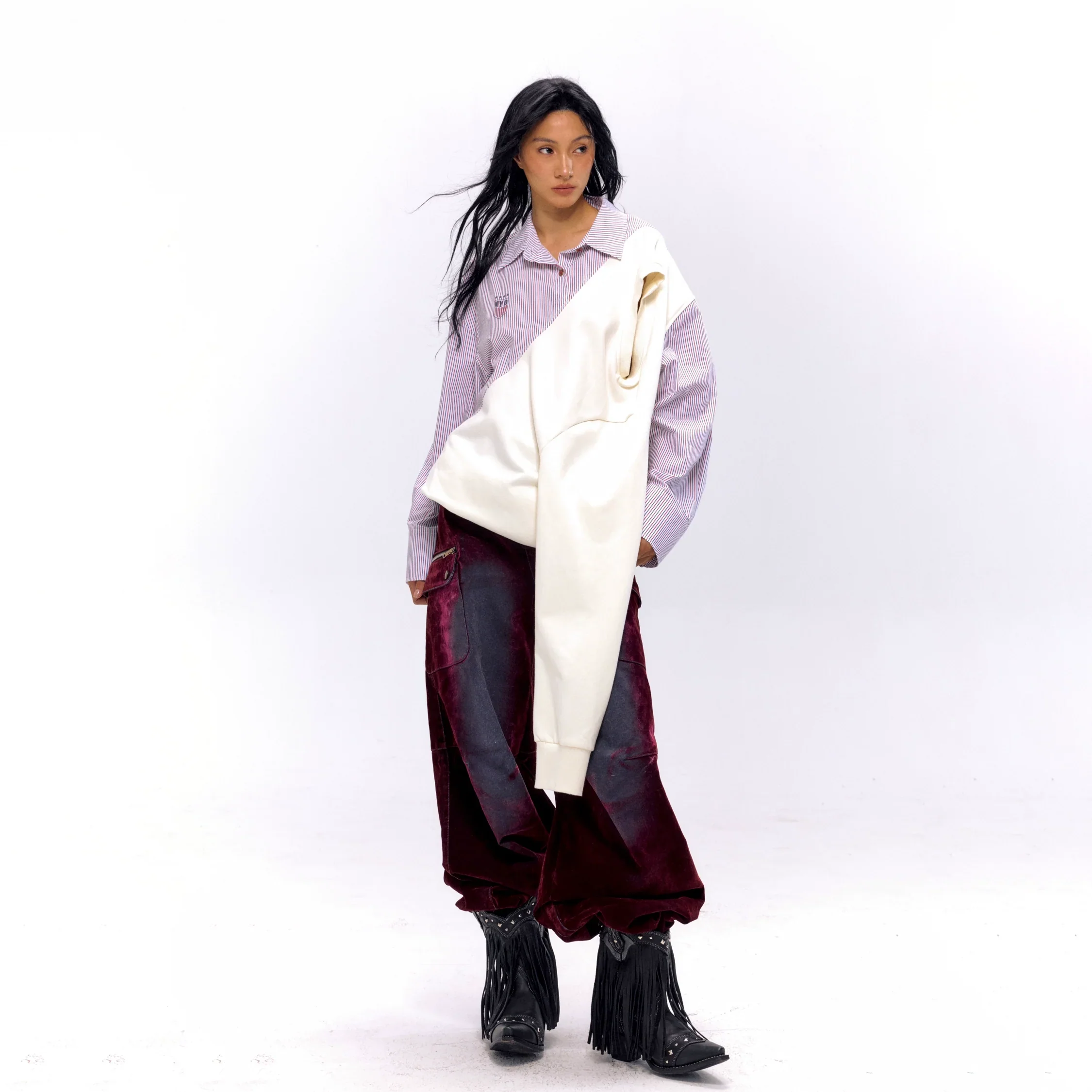 Asymmetrical Striped Shirt with Sweater Overlay - Image 2