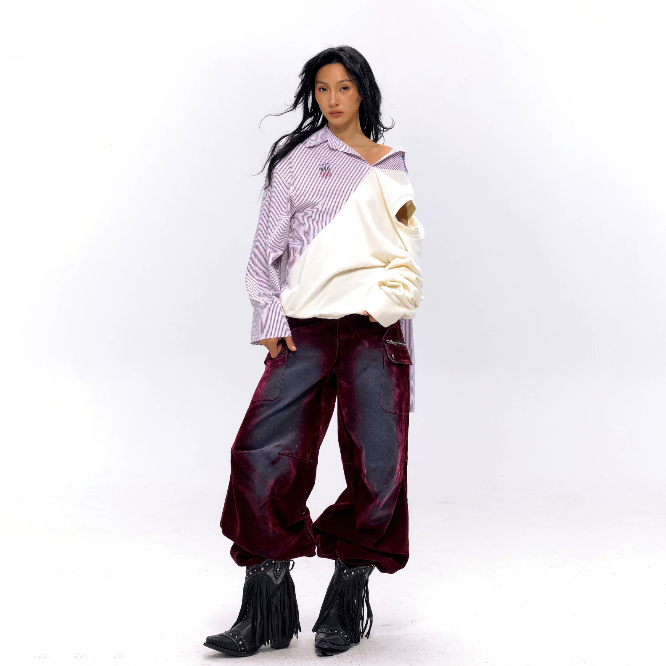 Asymmetrical Striped Shirt with Sweater Overlay - Image 3