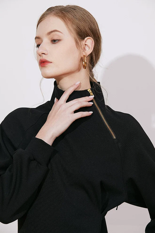 Asymmetrical Zip-Neck Sweater Midi Dress - Image 3