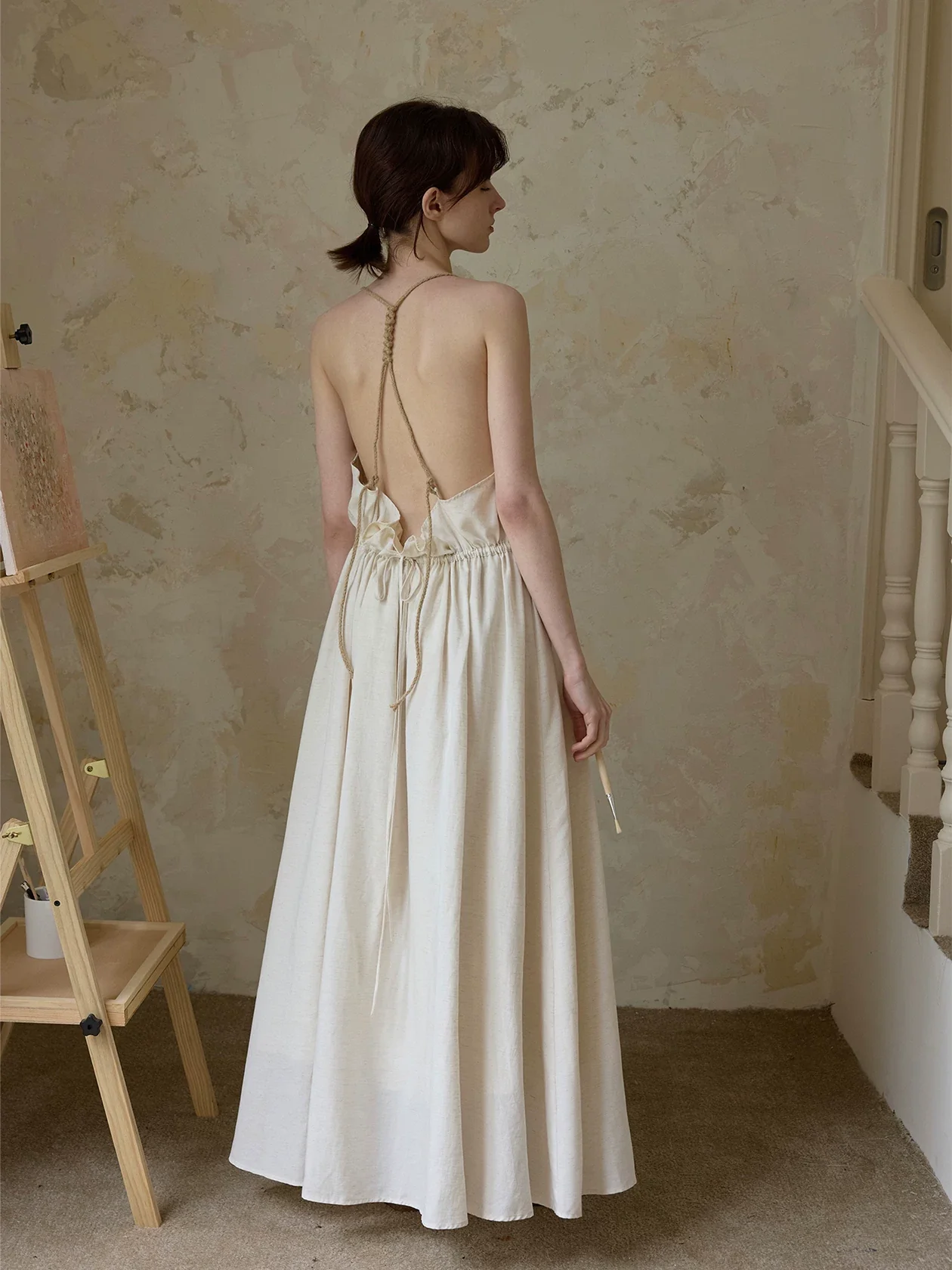 Backless Rope-Halter Linen-Blend Dress - Image 5