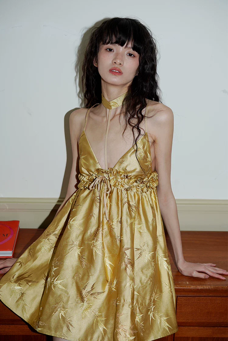 Bamboo Jacquard Halter Mini Dress - Image 5