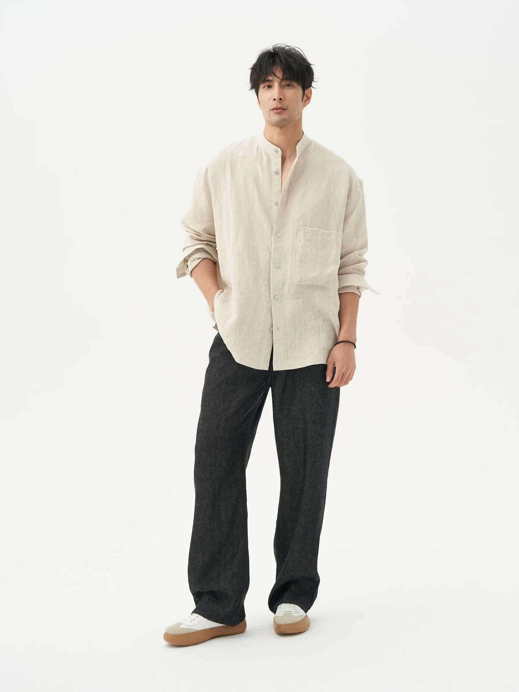 Band Collar Linen Shirt - Image 4