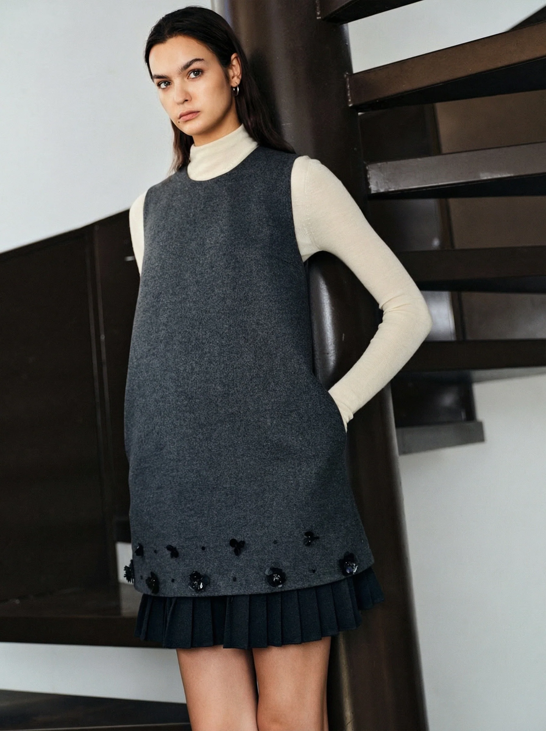 Beaded Hem Wool Shift Dress