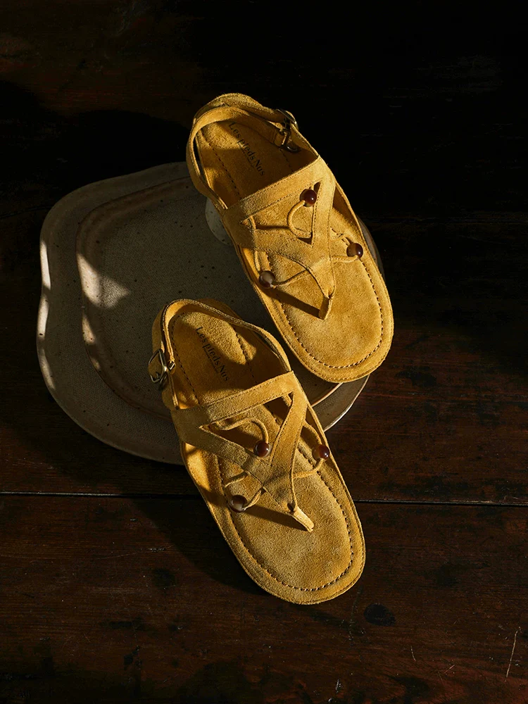 Beaded Nubuck Leather Toe-Loop Sandals