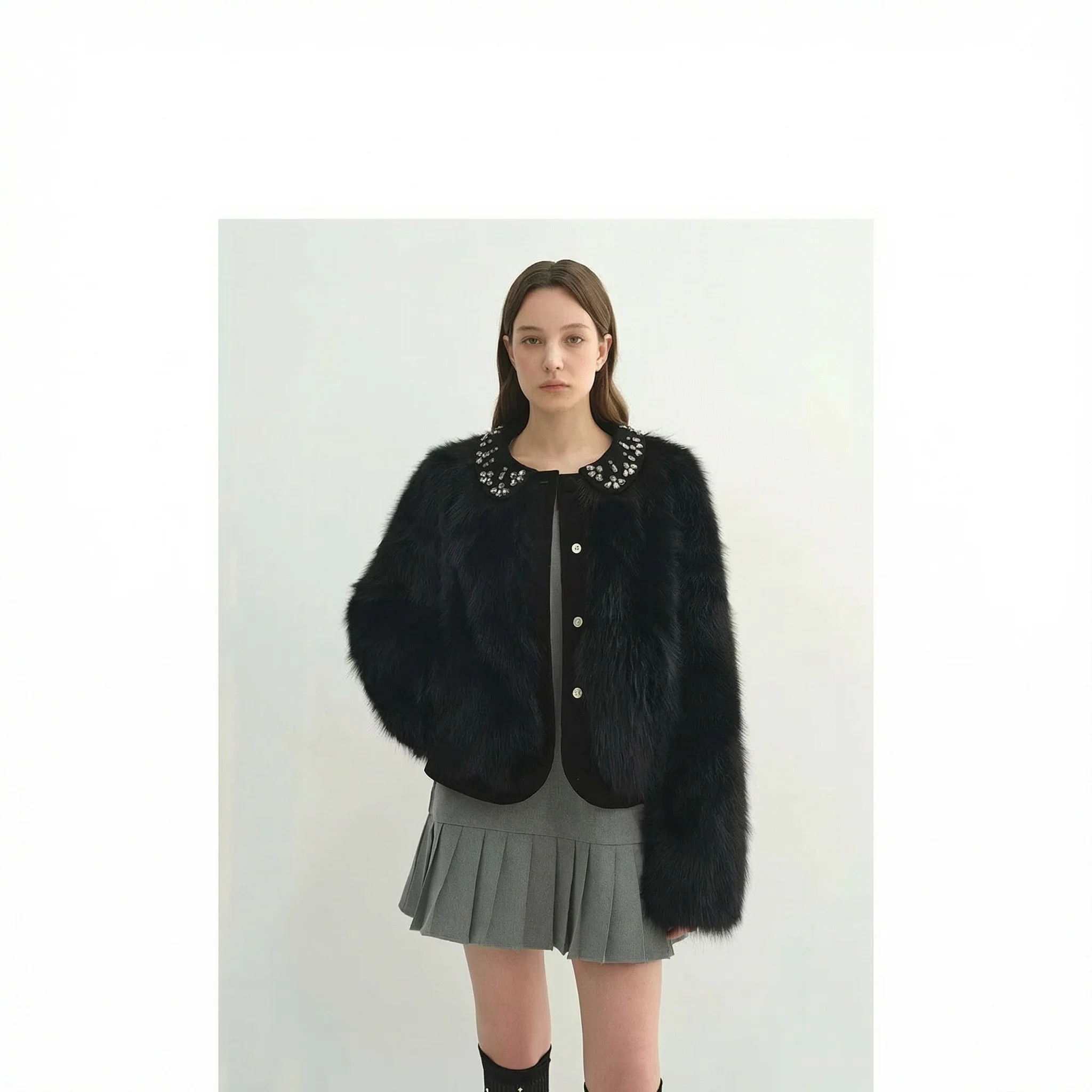Beaded Suede-Collar Fox Fur Short Coat - Image 7