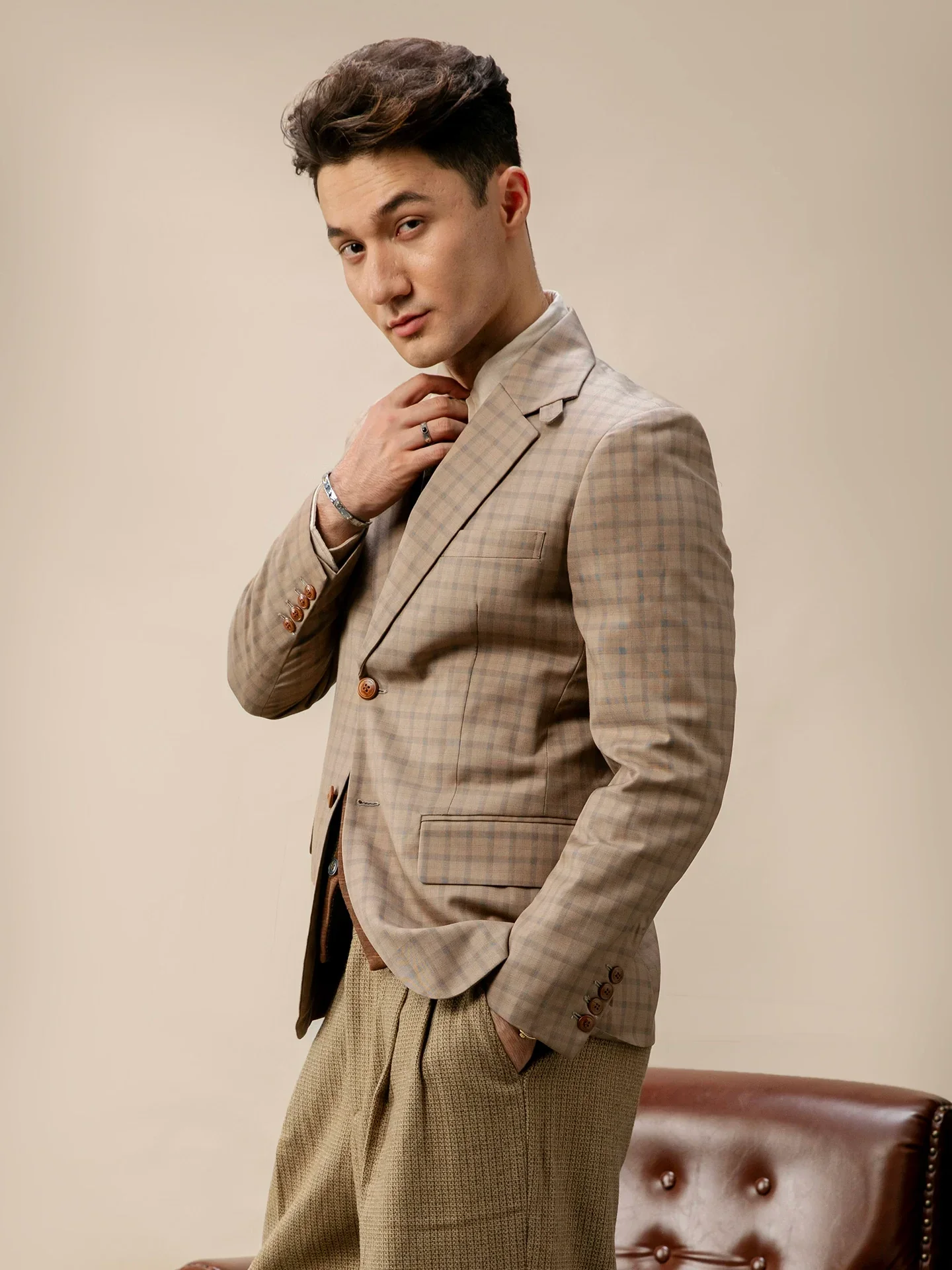 Beige Windowpane Blazer - Image 3