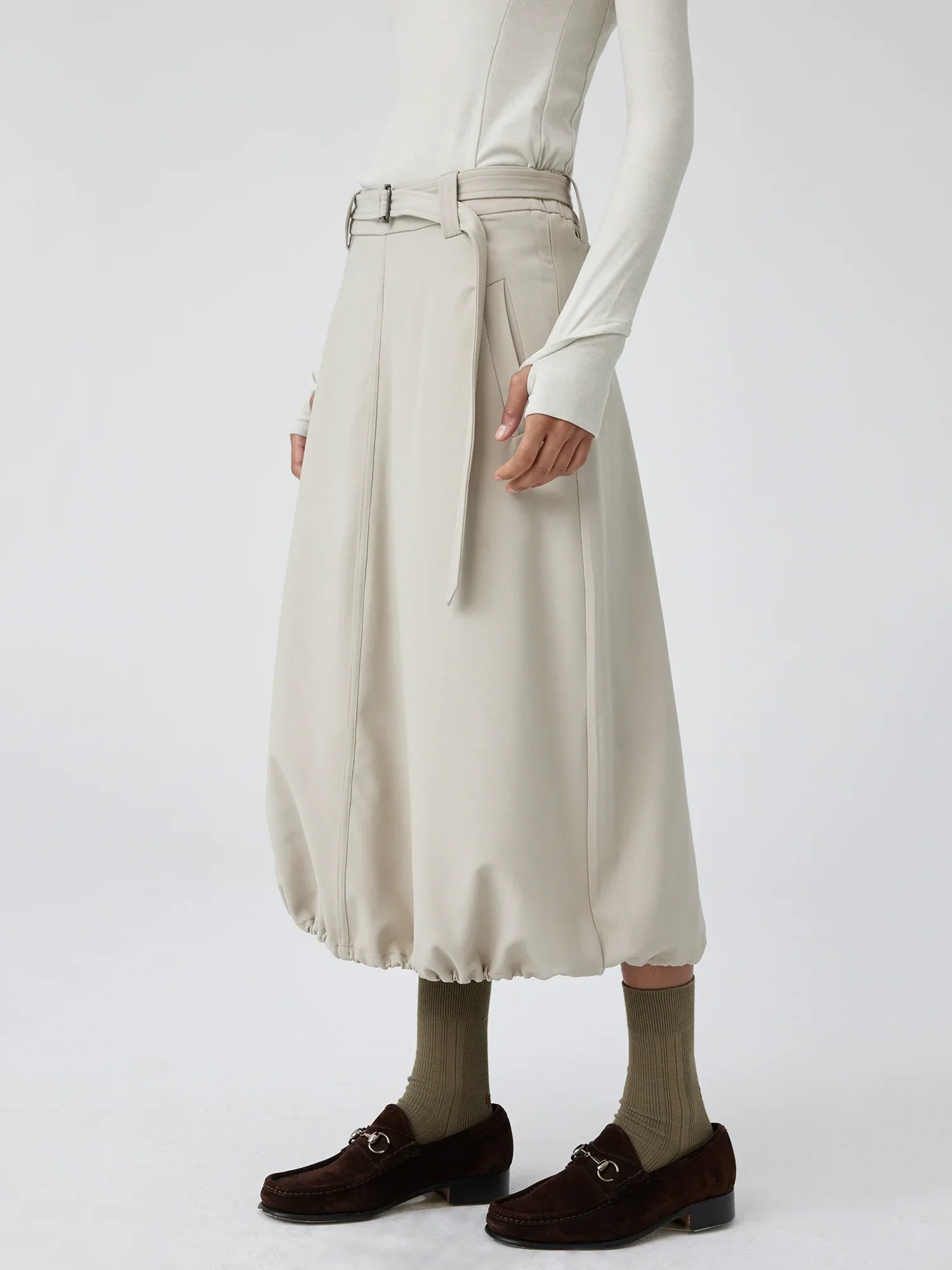 Belted Balloon-Hem Midi Skirt