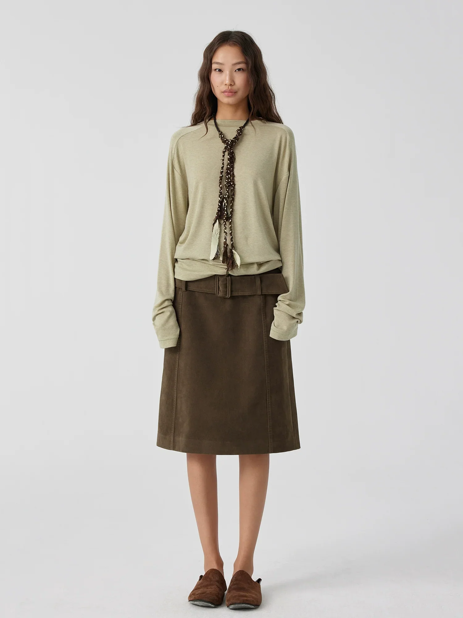 Belted Faux-Suede Knee-Length Skirt - Image 4