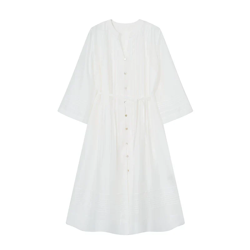Belted Pintuck Midi Shirt Dress