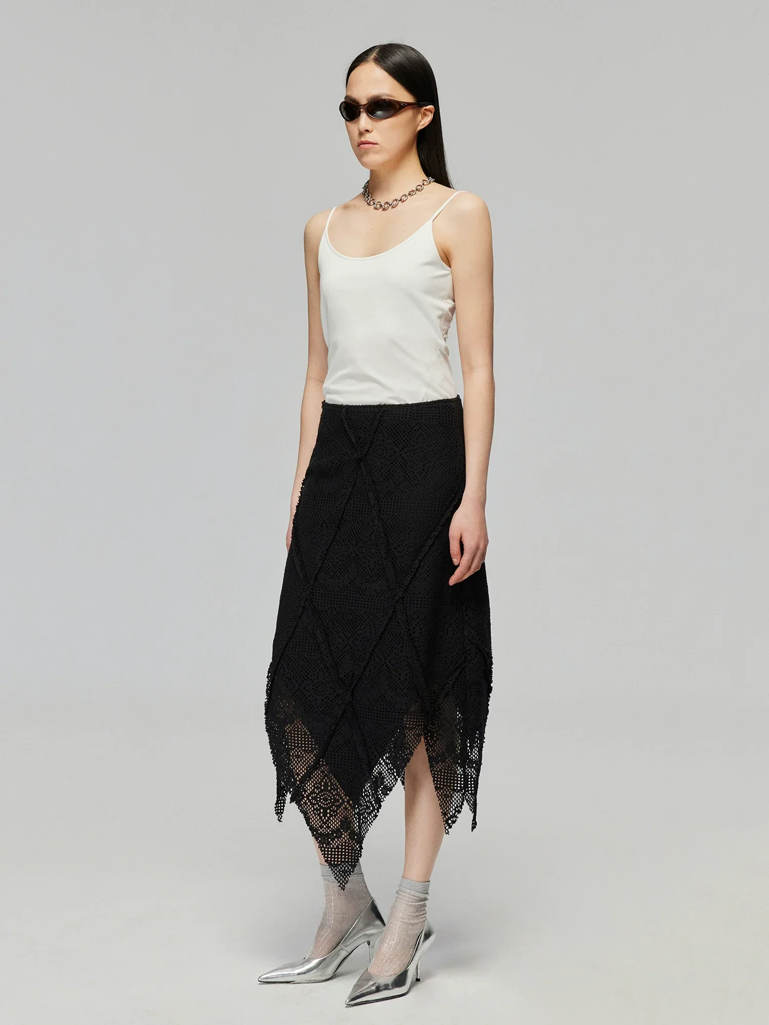 Black Crochet Lace Handkerchief Midi Skirt - Image 2
