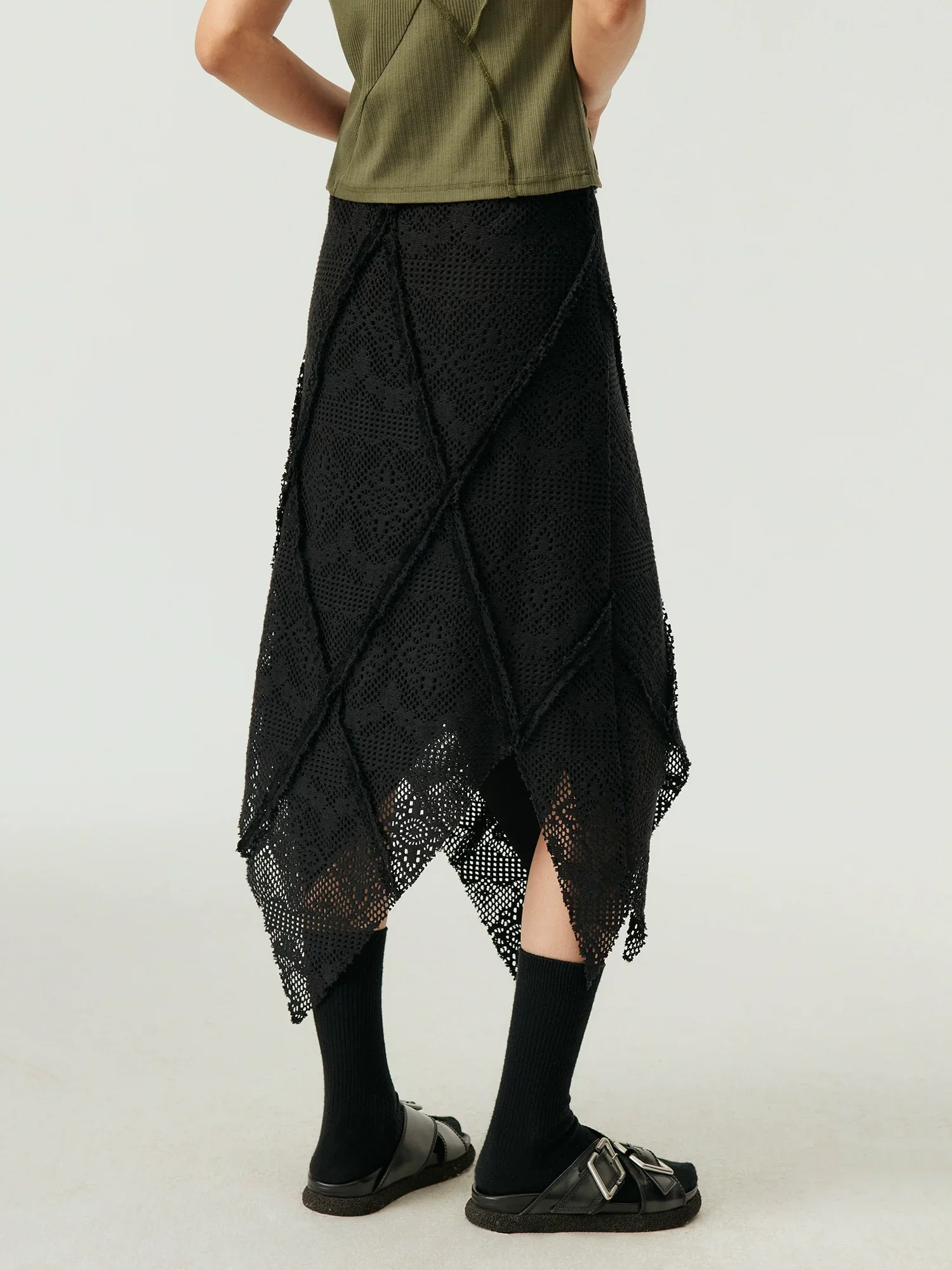 Black Crochet Lace Handkerchief Midi Skirt - Image 3