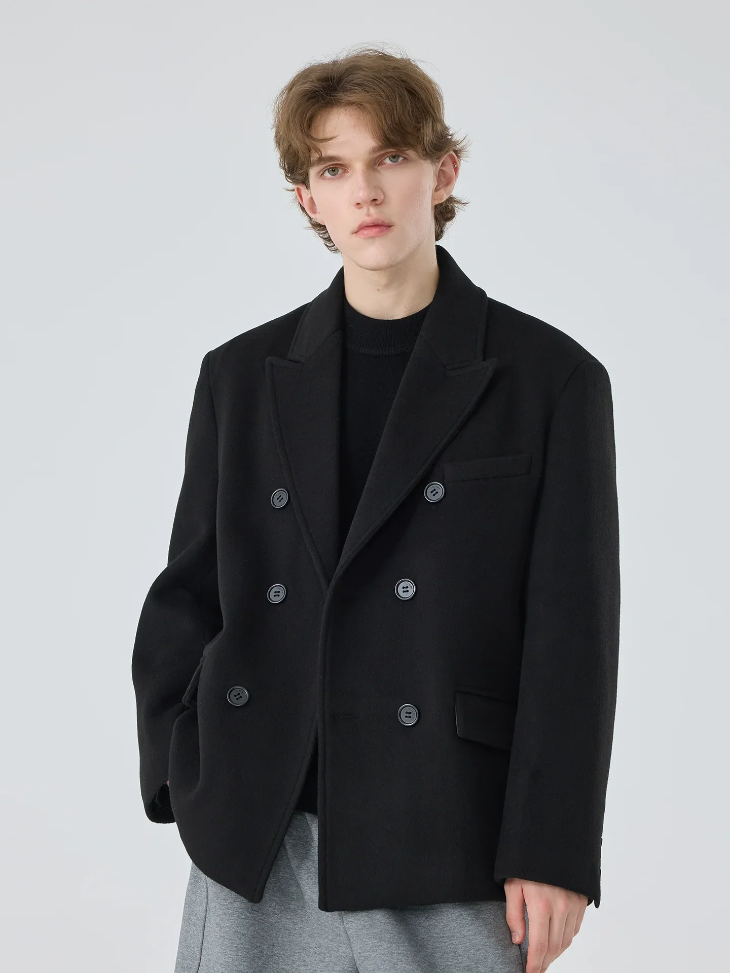Black Double-Breasted Wool Blazer - Image 2