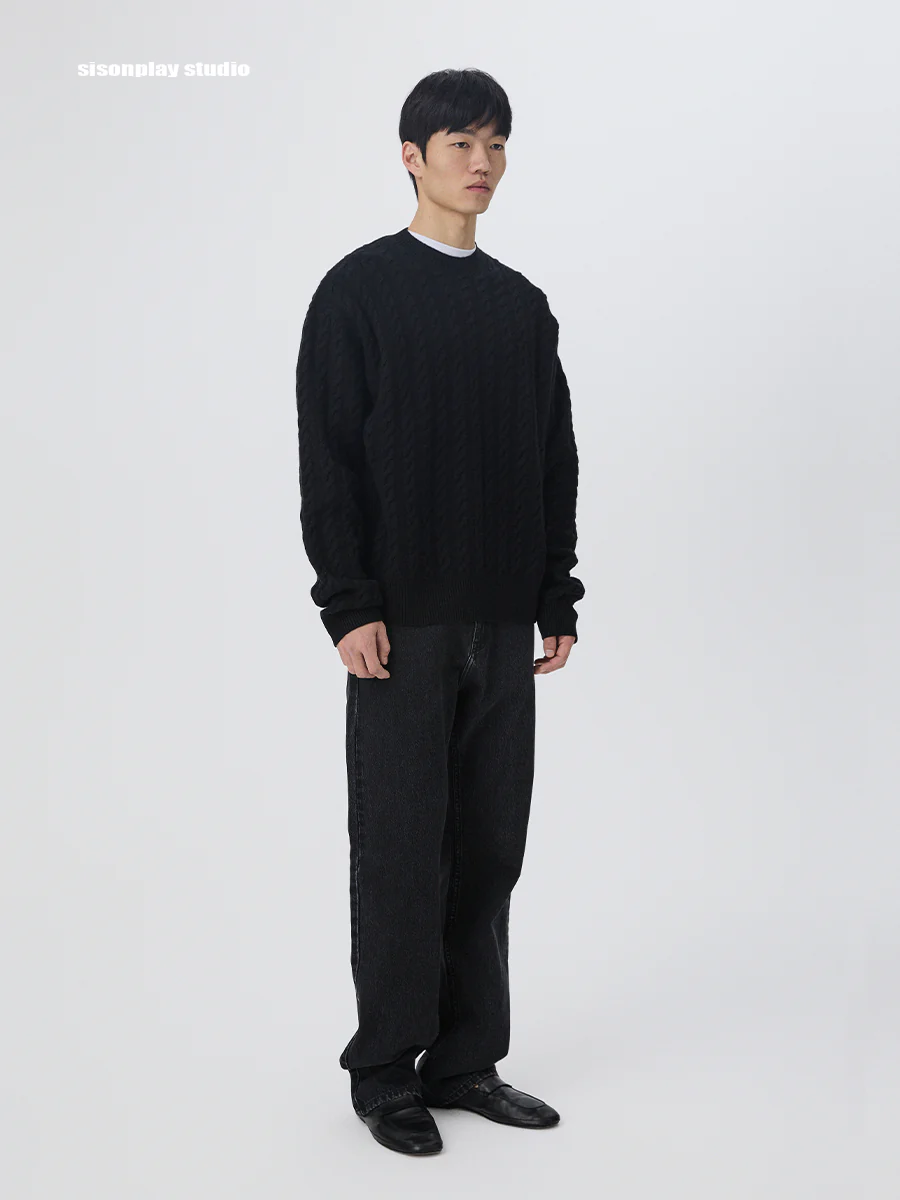 Black Oversized Cable-Knit Wool Crewneck Sweater - Image 2