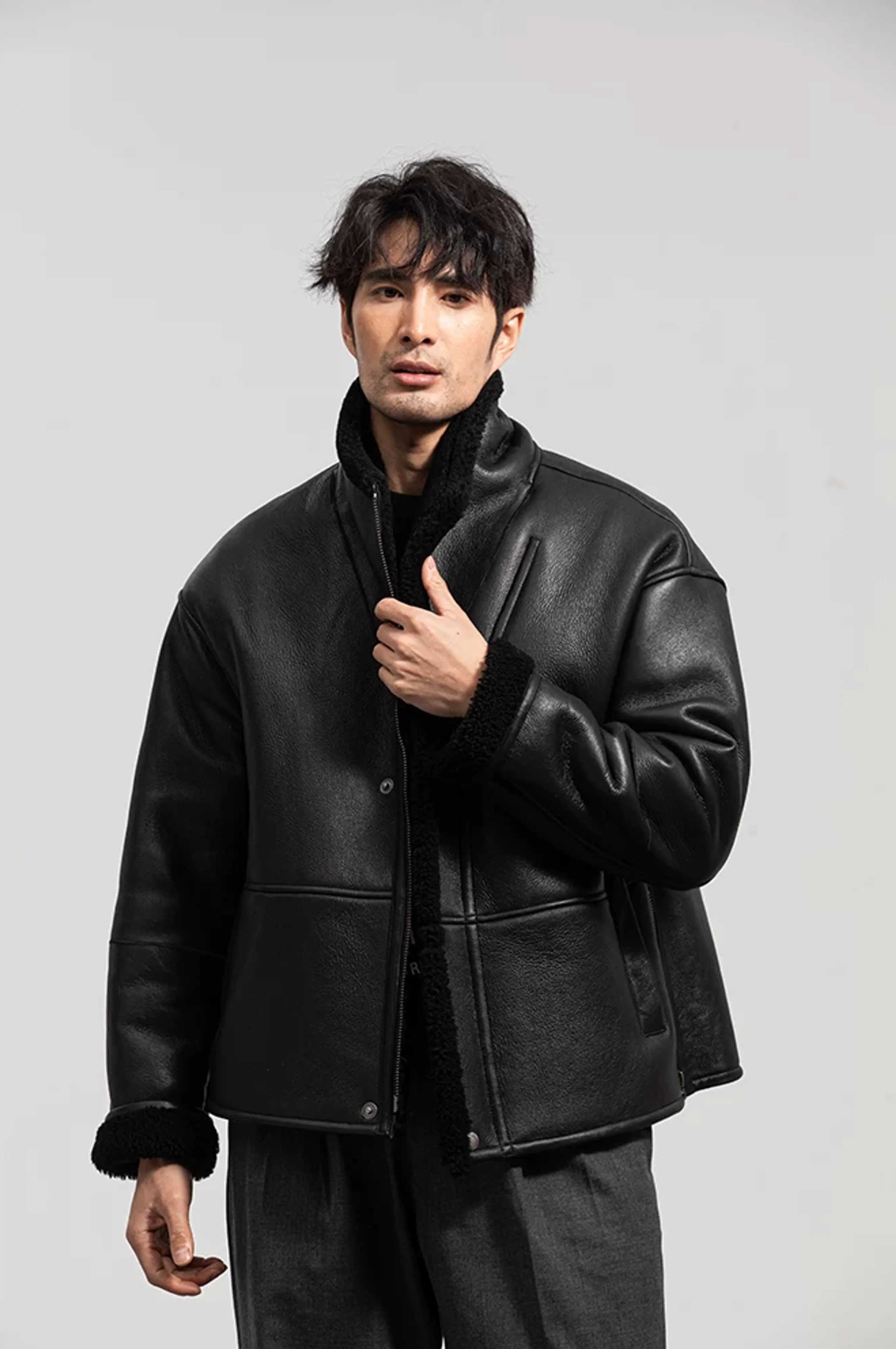 Black Shearling Aviator Jacket - Image 4