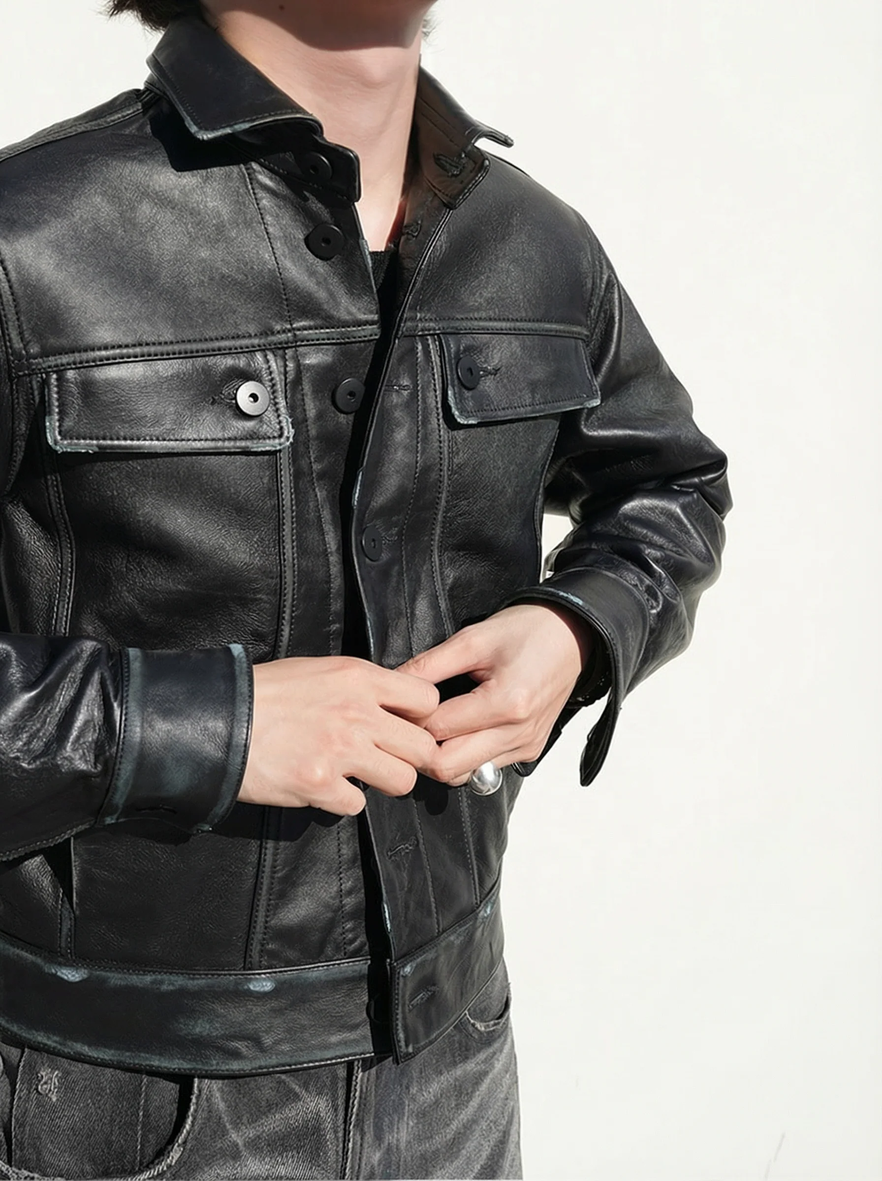 Black Sheepskin Trucker Jacket - Image 6