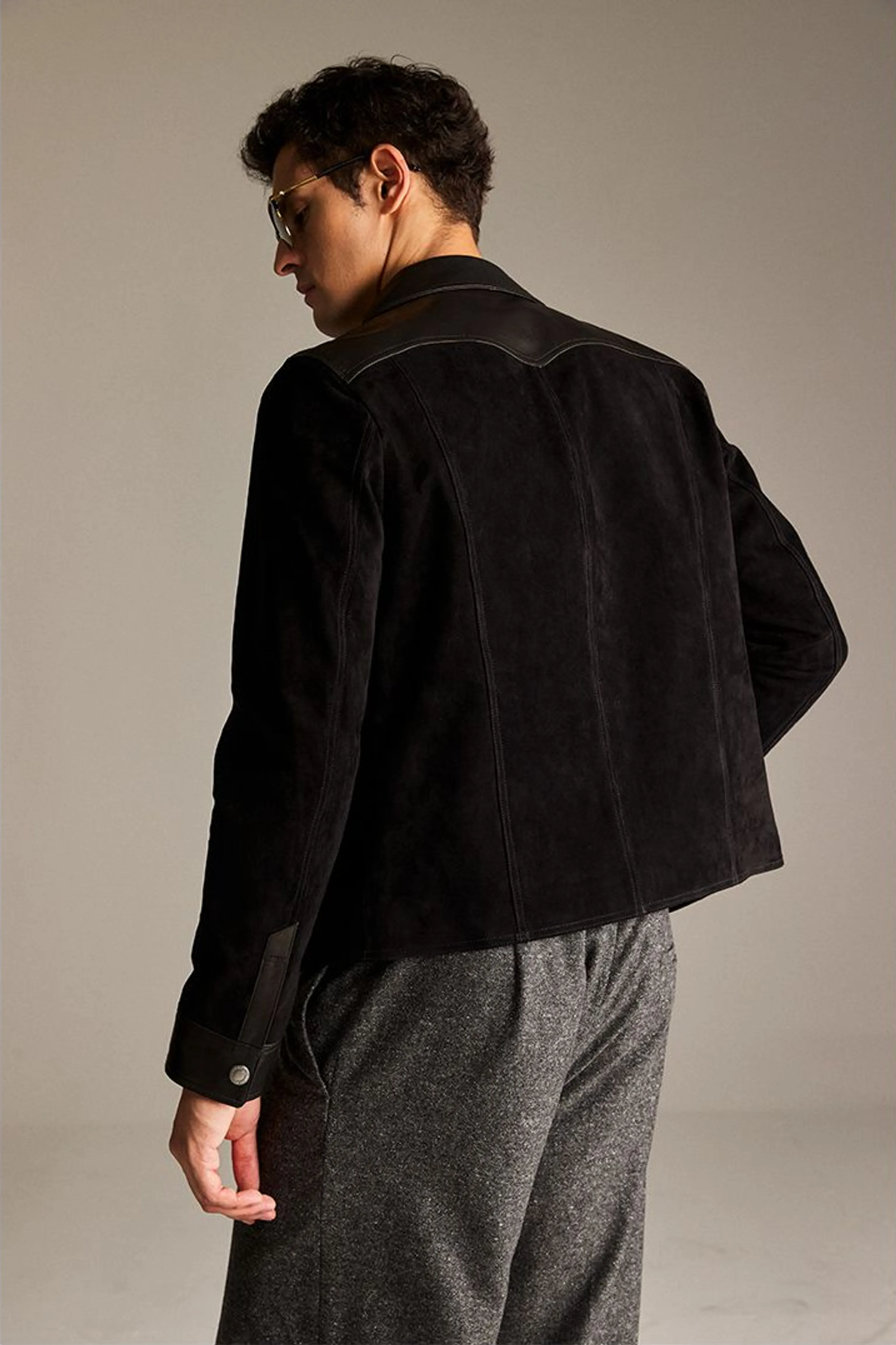 Black Suede-Leather Snap Shirt Jacket - Image 4