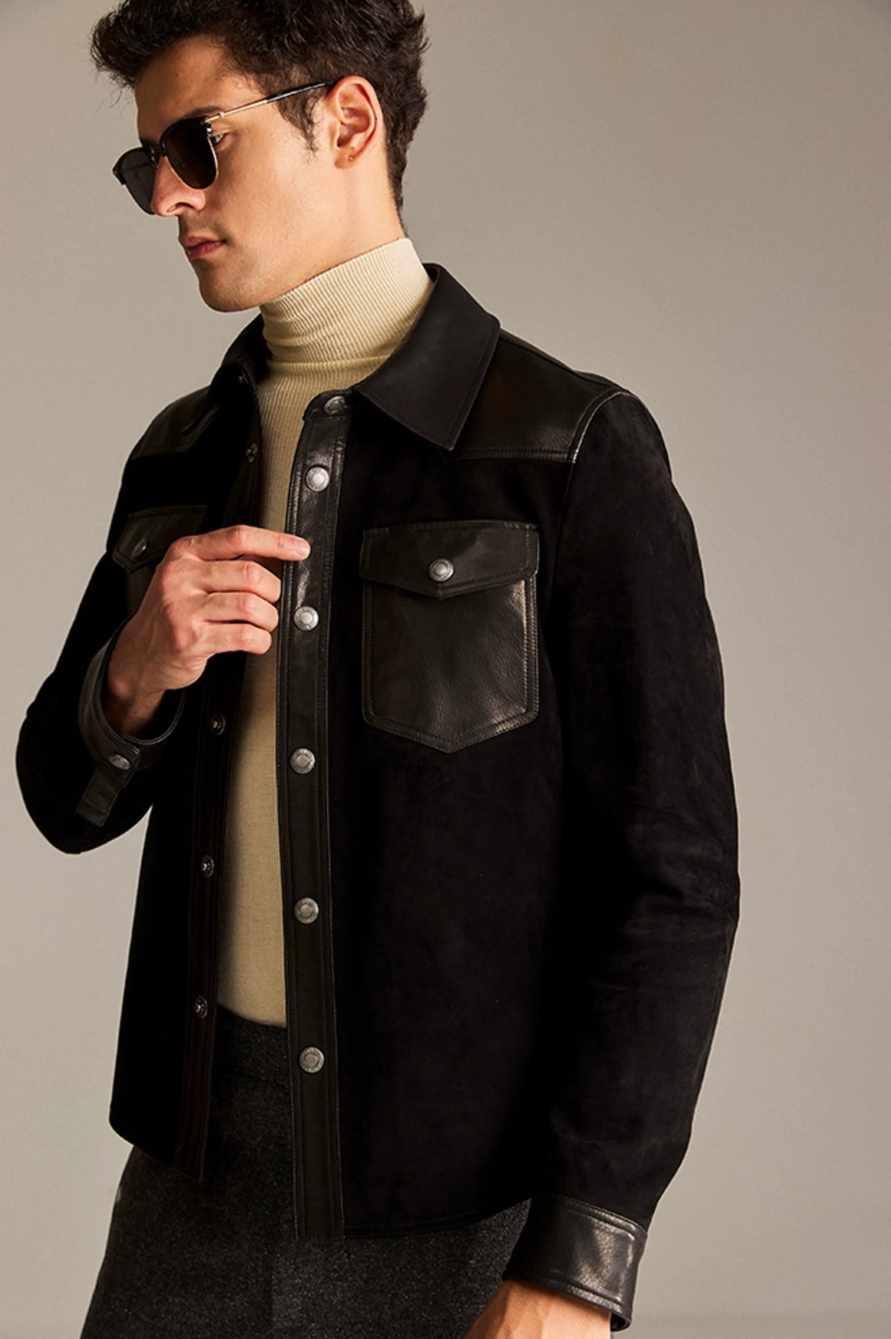 Black Suede-Leather Snap Shirt Jacket - Image 5