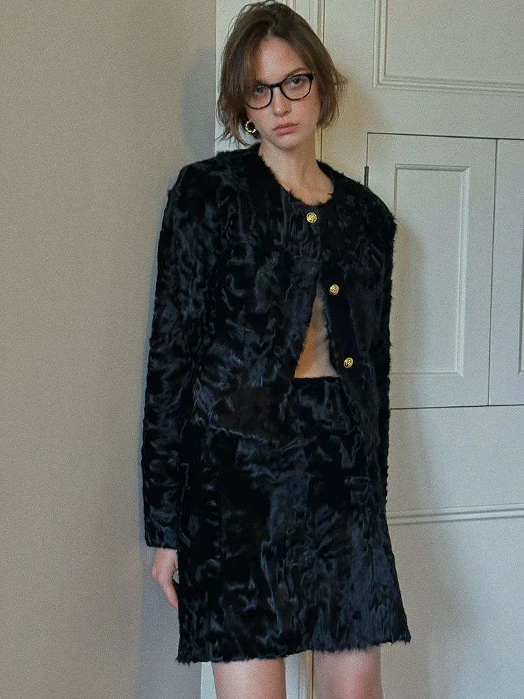 Black Textured Round‑Neck Jacket & Mini Skirt Set - Image 3