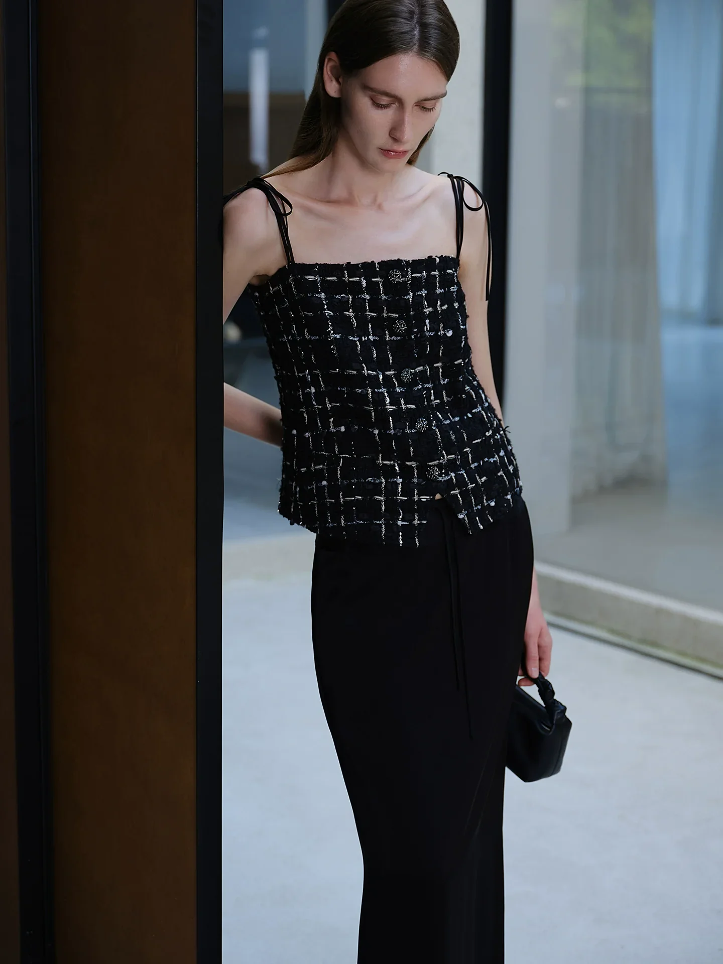 Black Tweed Tie-Strap Camisole