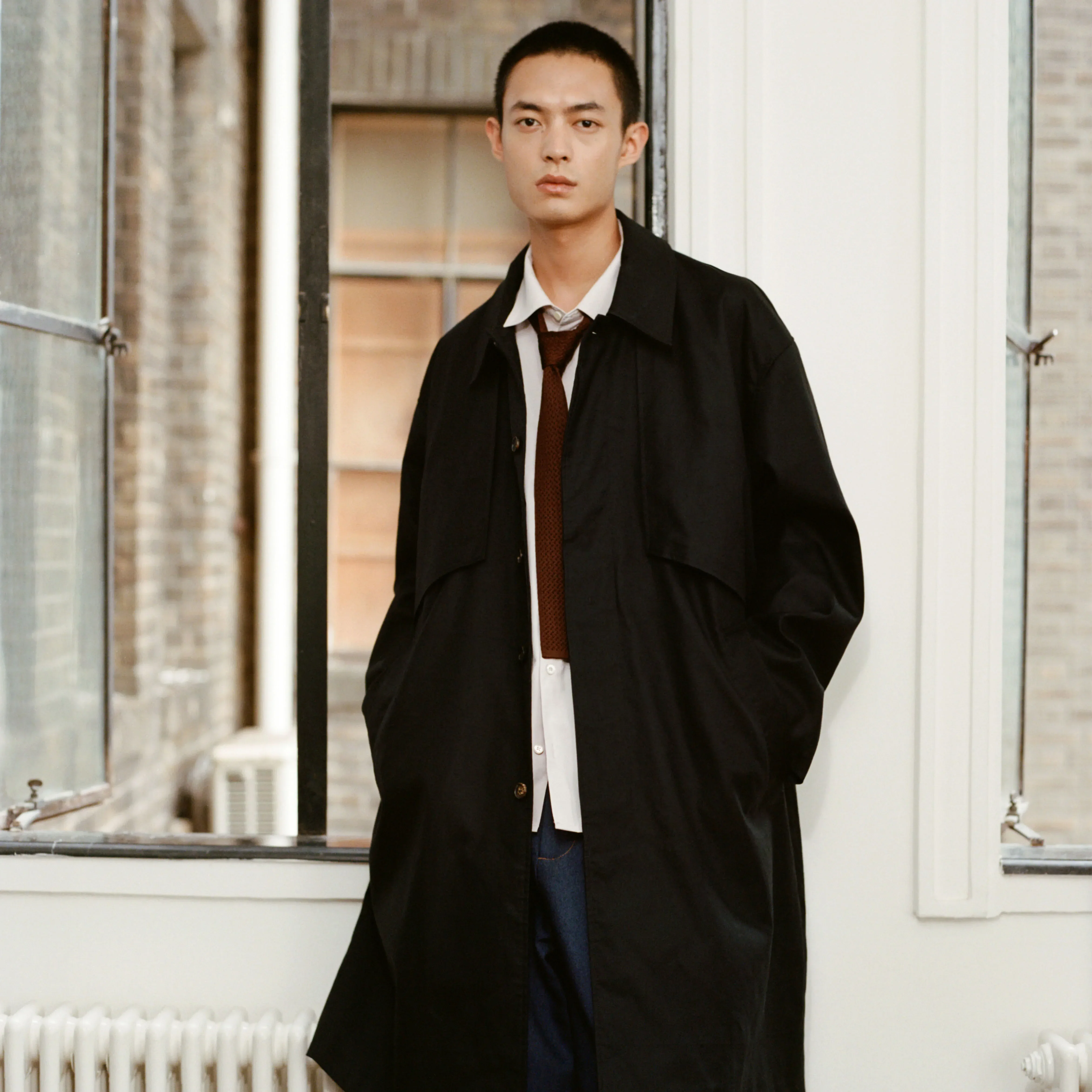 Black Water-Repellent Oversized Coat
