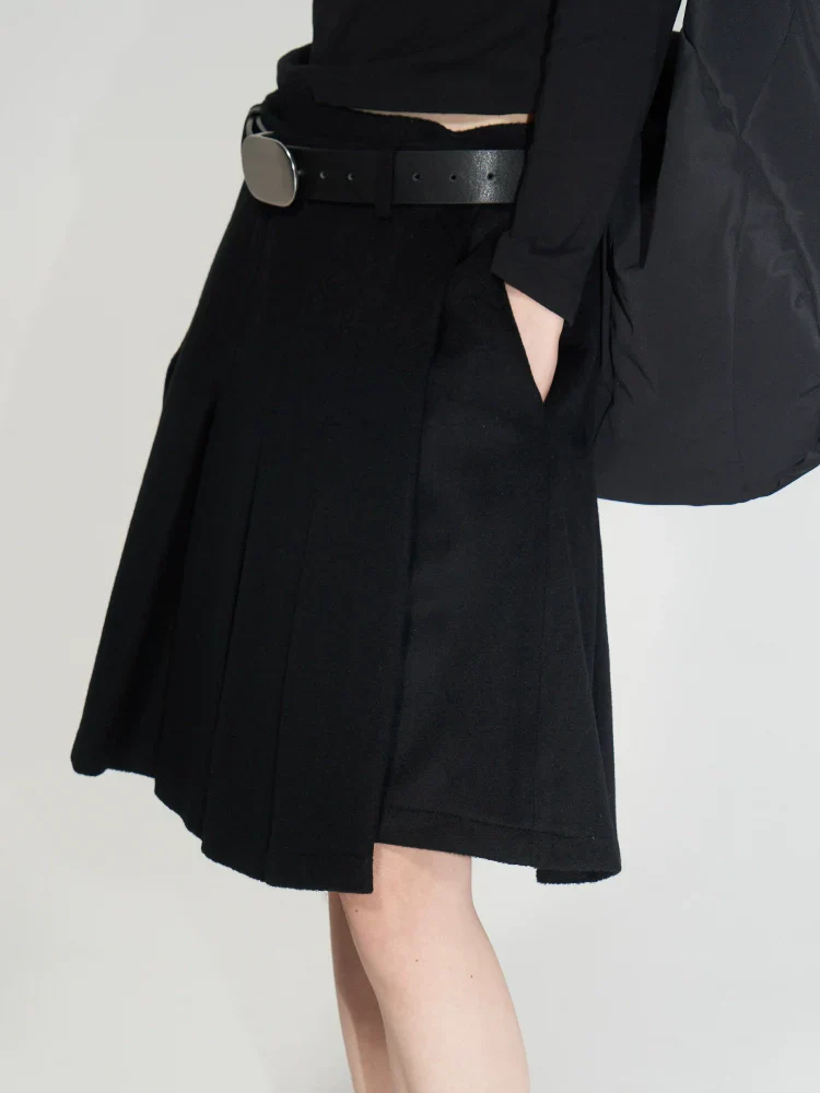 Black Wool Pleated A-Line Skirt - Image 2