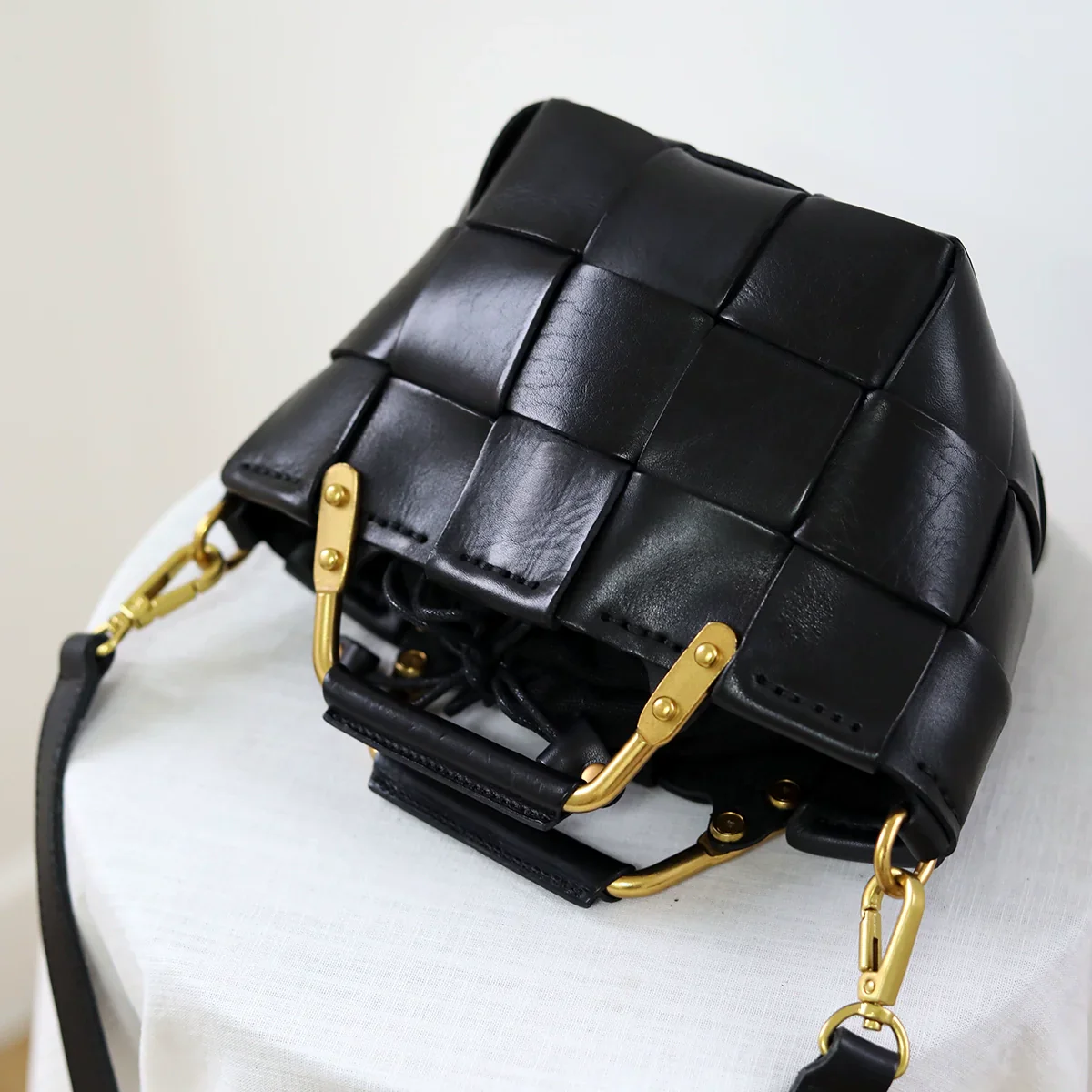 Black Woven Leather Mini Basket Bag - Image 2