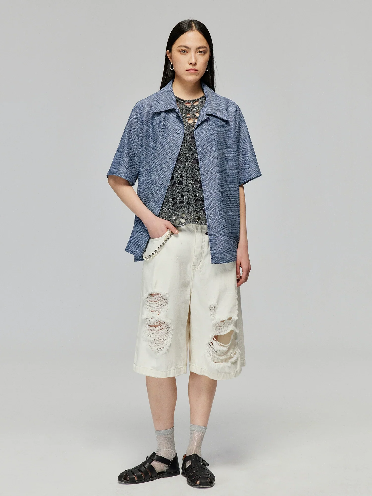 Blue Micro-Check Camp-Collar Shirt - Image 2