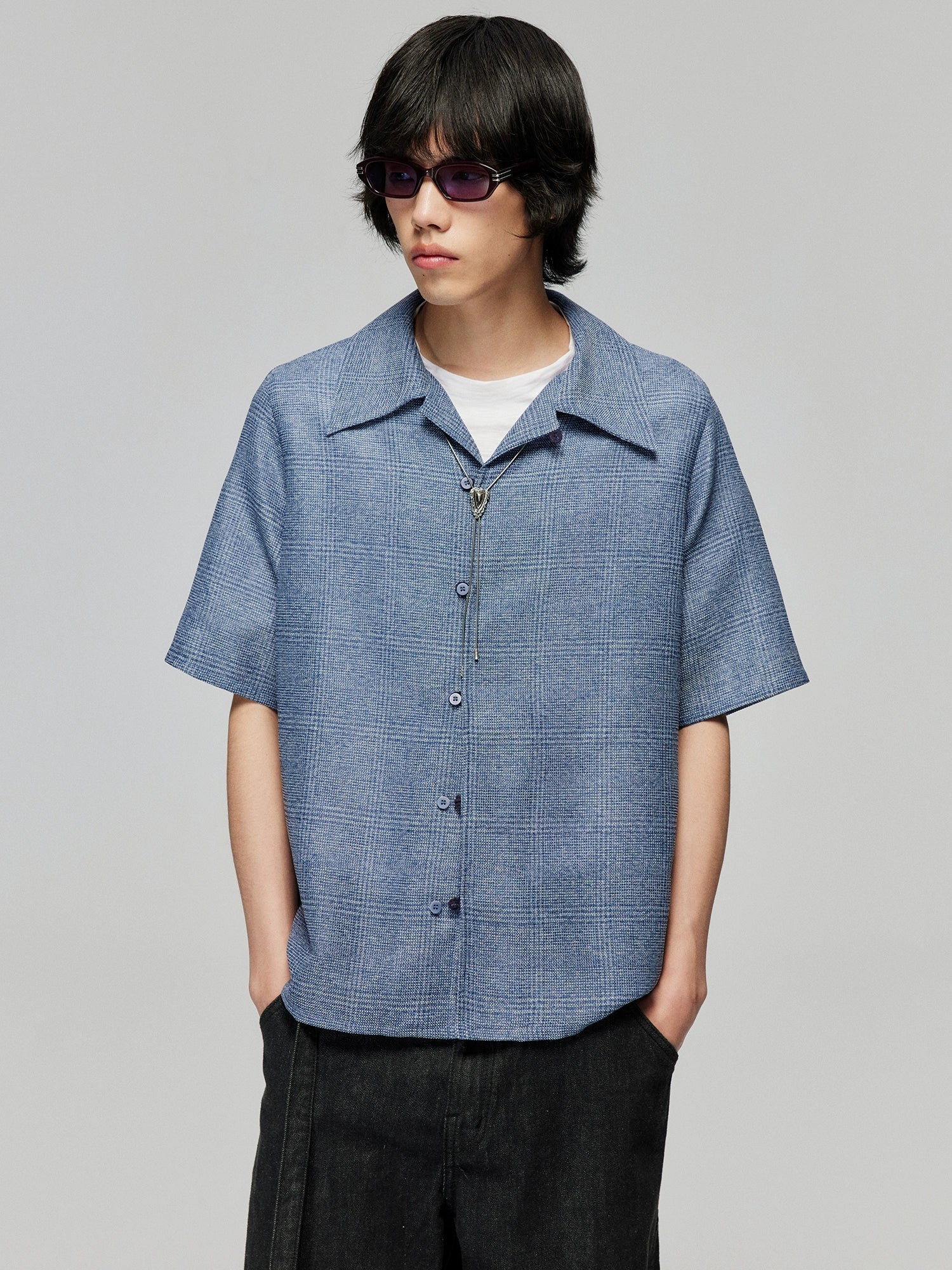 Blue Micro-Check Camp-Collar Shirt - Image 3